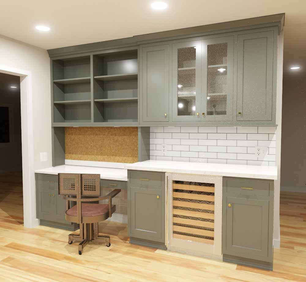 A kitchen with a desk and chair and a wine cooler.