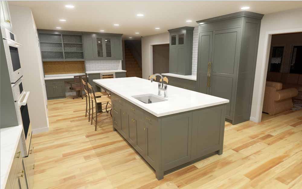 A computer generated image of a kitchen with a large island in the middle.