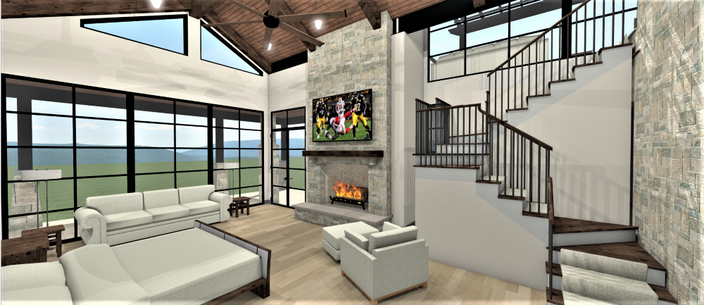 Living room with large windows, fireplace, and staircase.