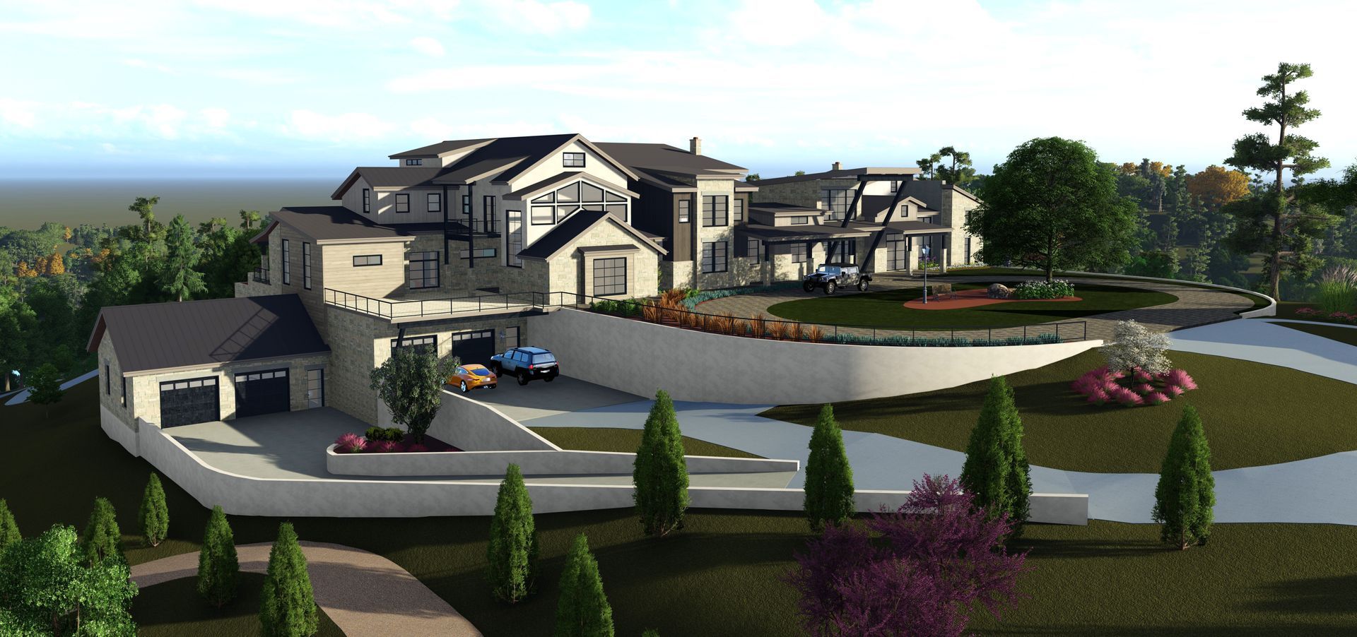 Exterior rendering of a large modern house on a hill with multiple levels, landscaping, and a driveway.