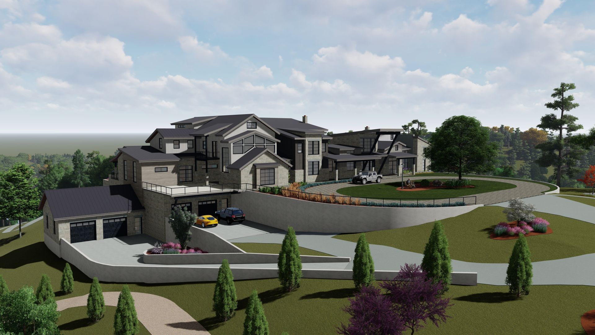 Modern multi-level home with multiple rooflines, a circular driveway, and hillside landscaping.