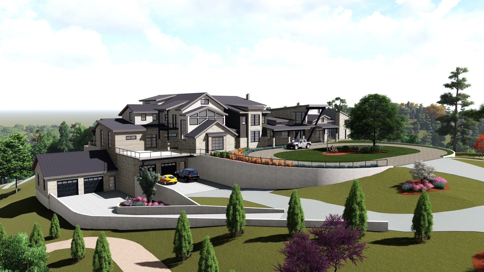 Modern multi-level home with multiple rooflines, a circular driveway, and hillside landscaping.