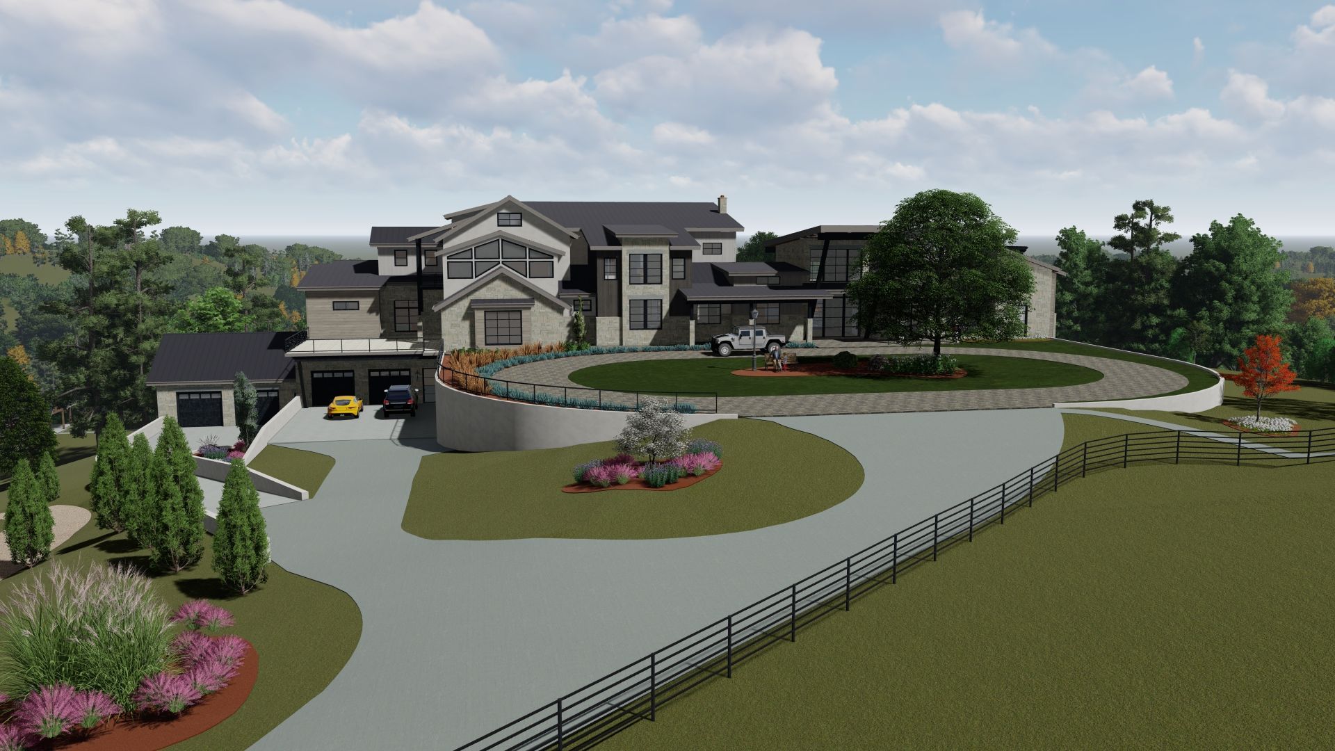 Large modern house with circular driveway, garage, and surrounding green landscape.