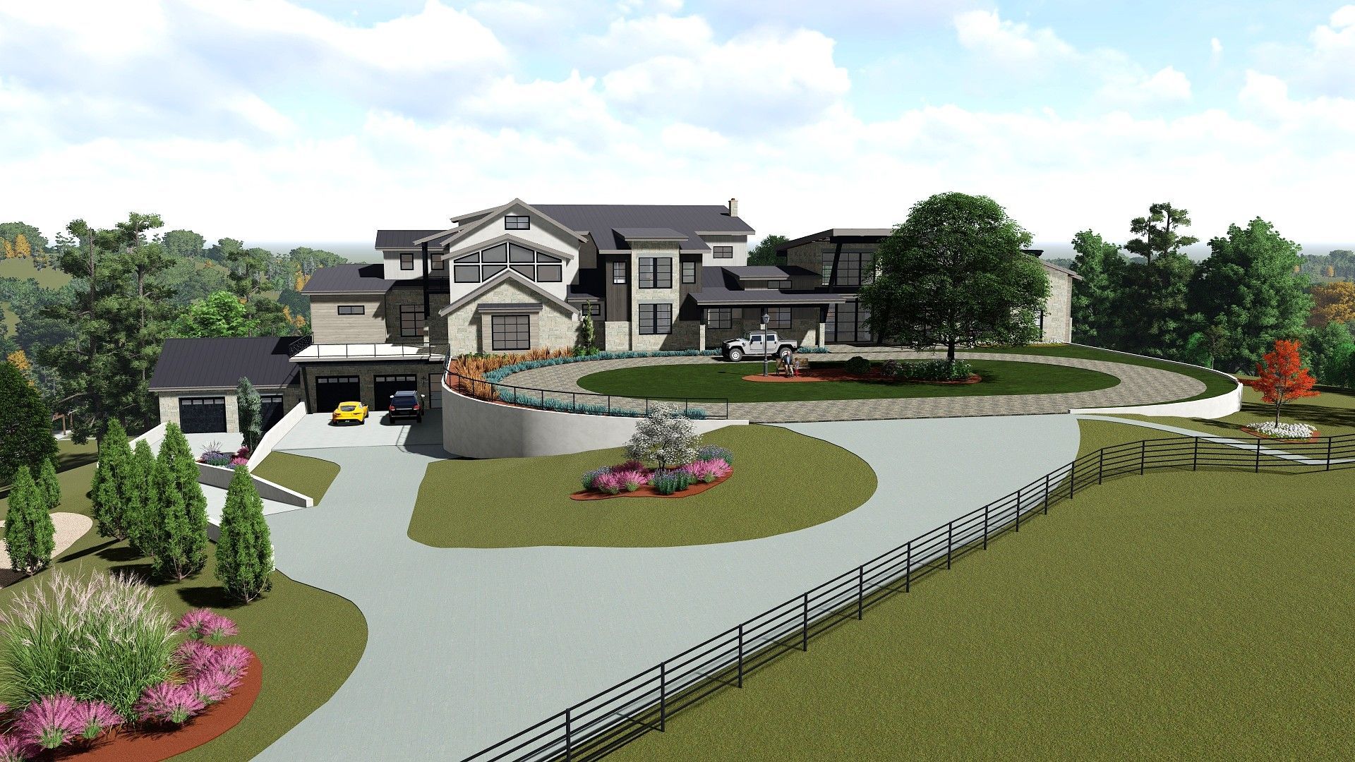 Large modern house with circular driveway, garage, and surrounding green landscape.