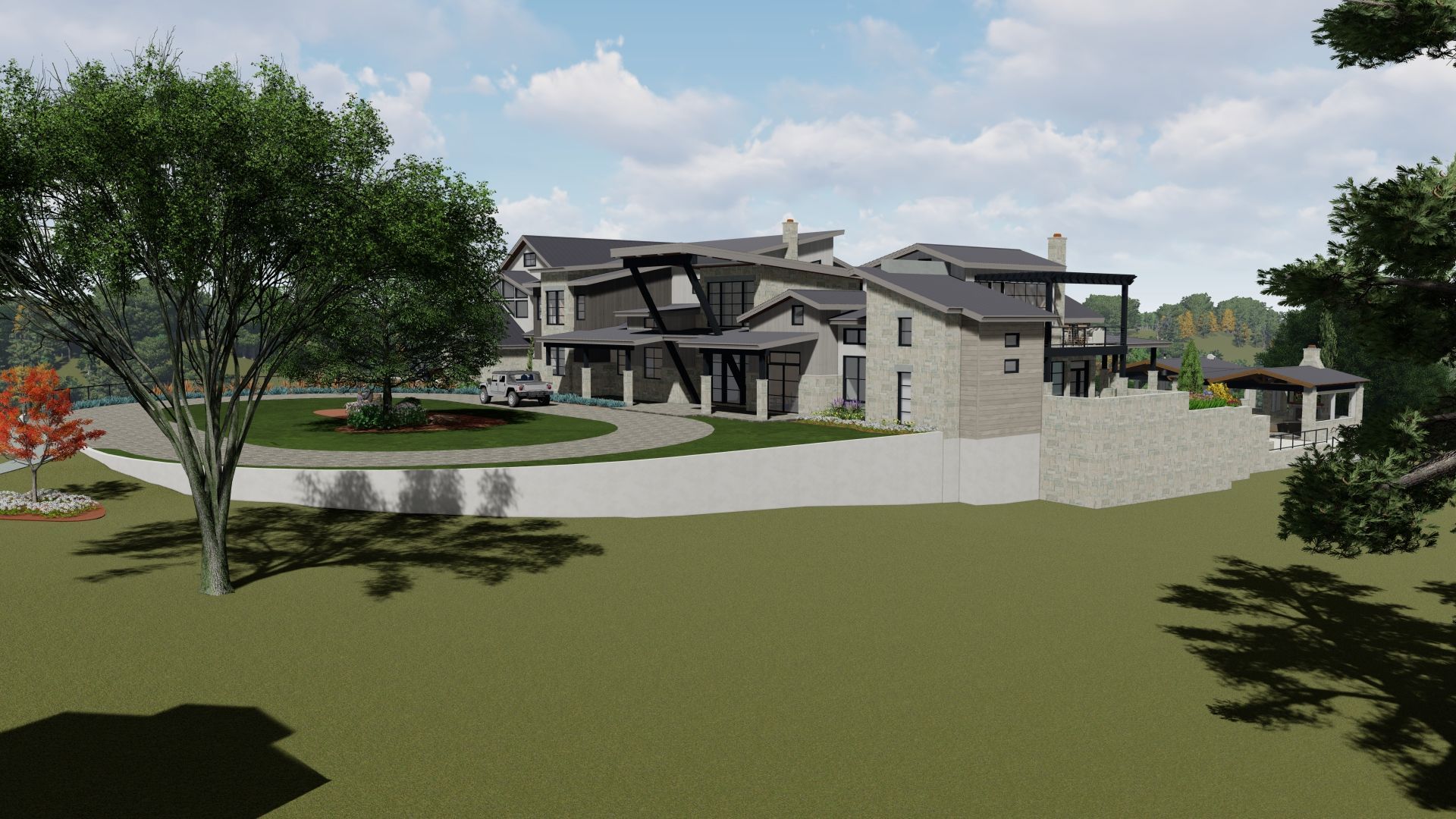 Modern house with stone facade, driveway, and landscaping on a sunny day.