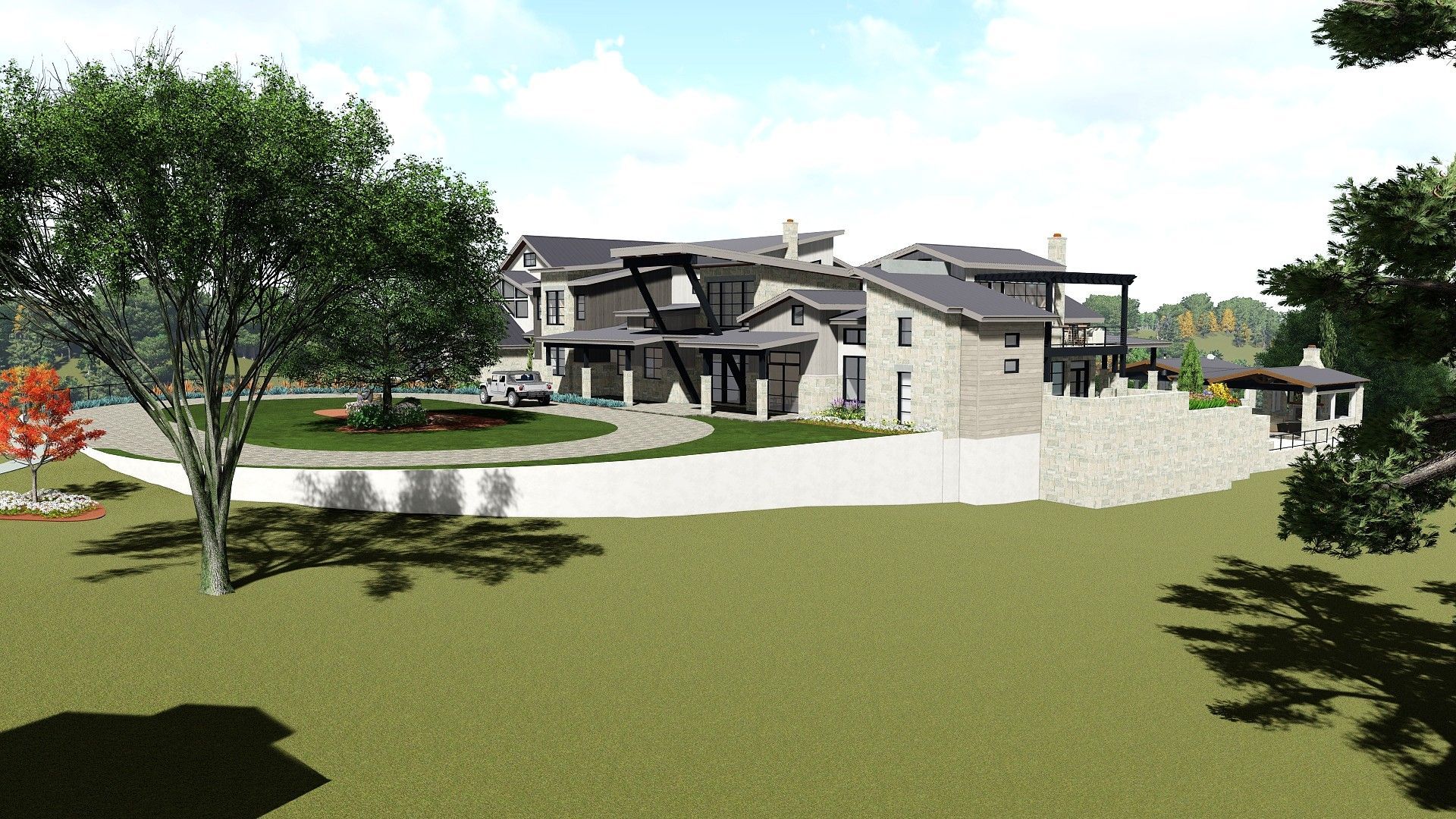 Modern house with stone facade, driveway, and landscaping on a sunny day.