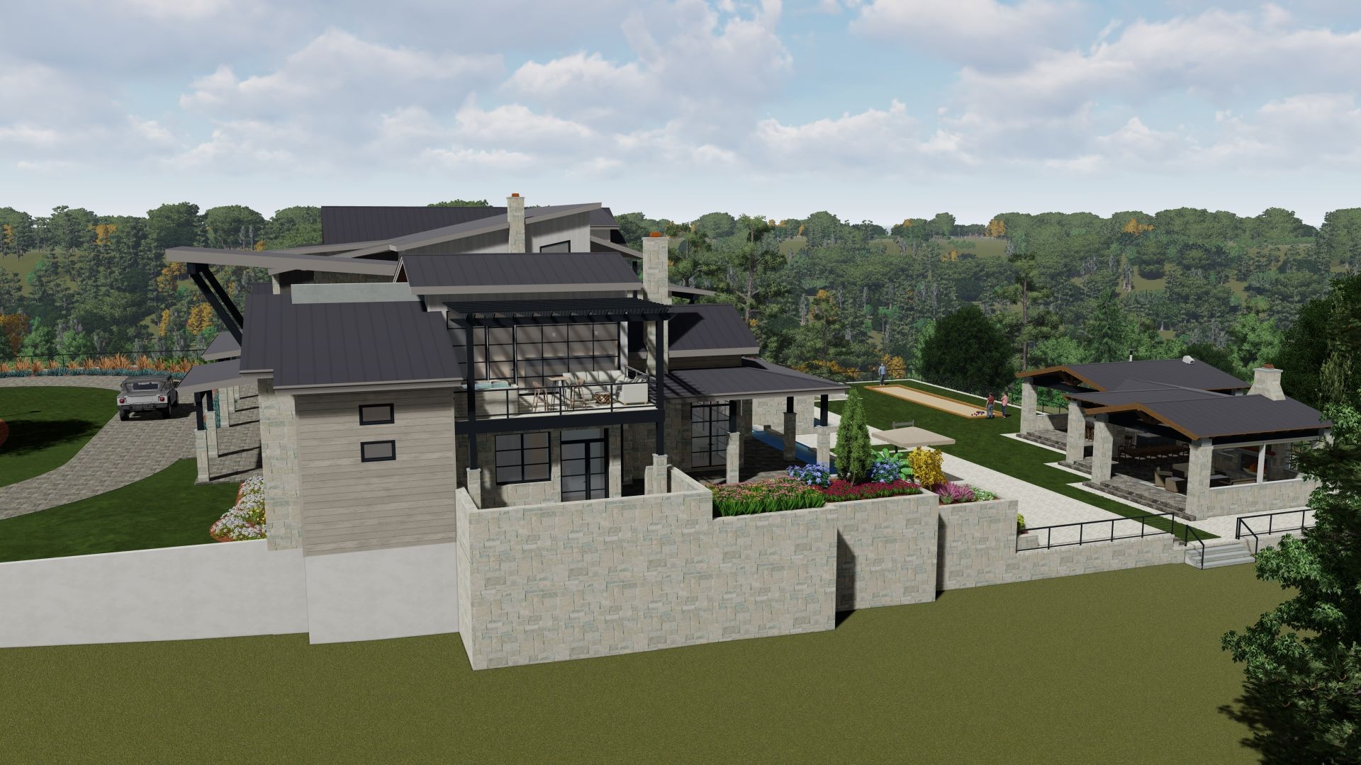 Modern house design with multiple levels, stone walls, and a separate structure with a curved roof.