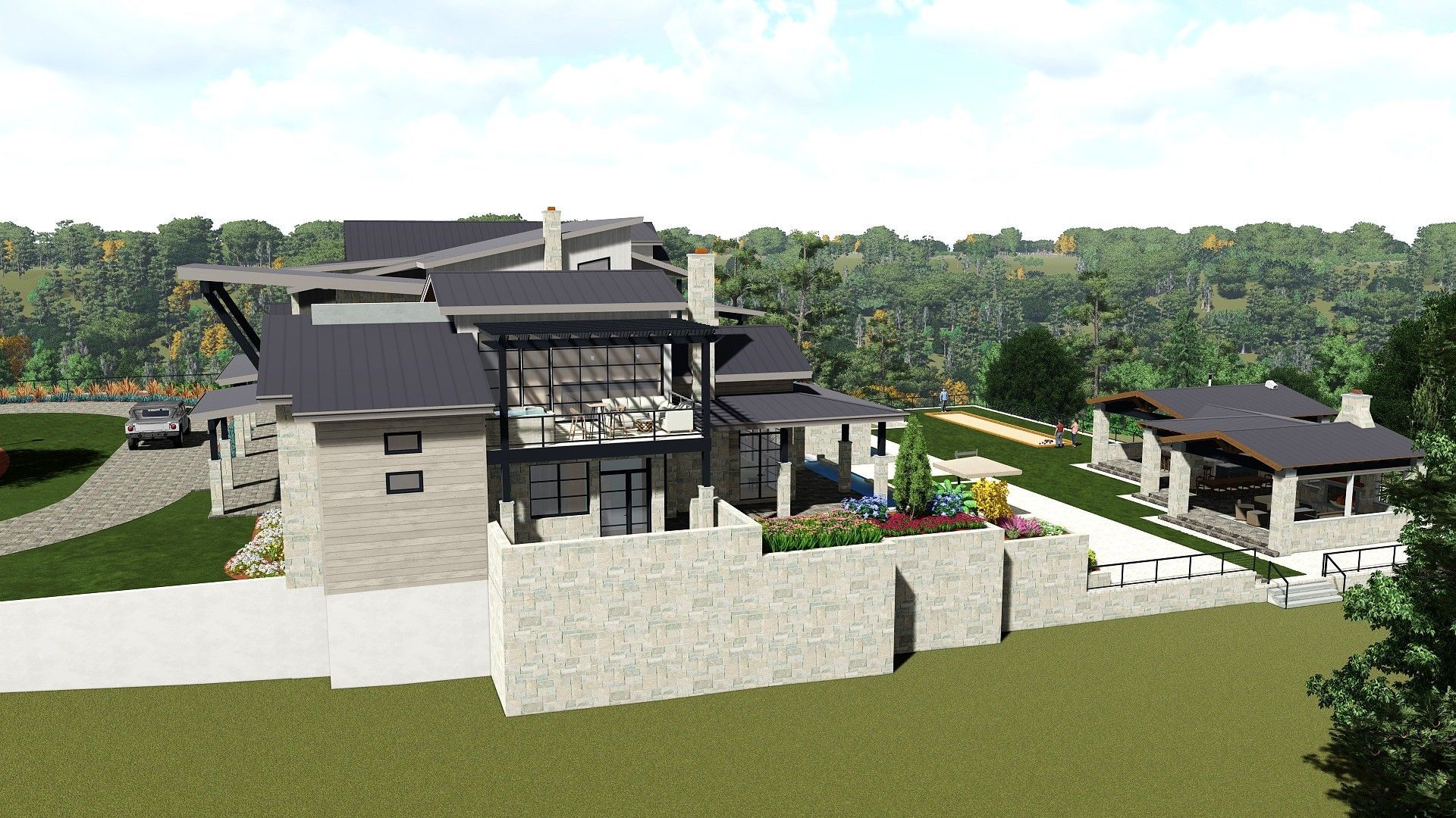 Modern house design with multiple levels, stone walls, and a separate structure with a curved roof.