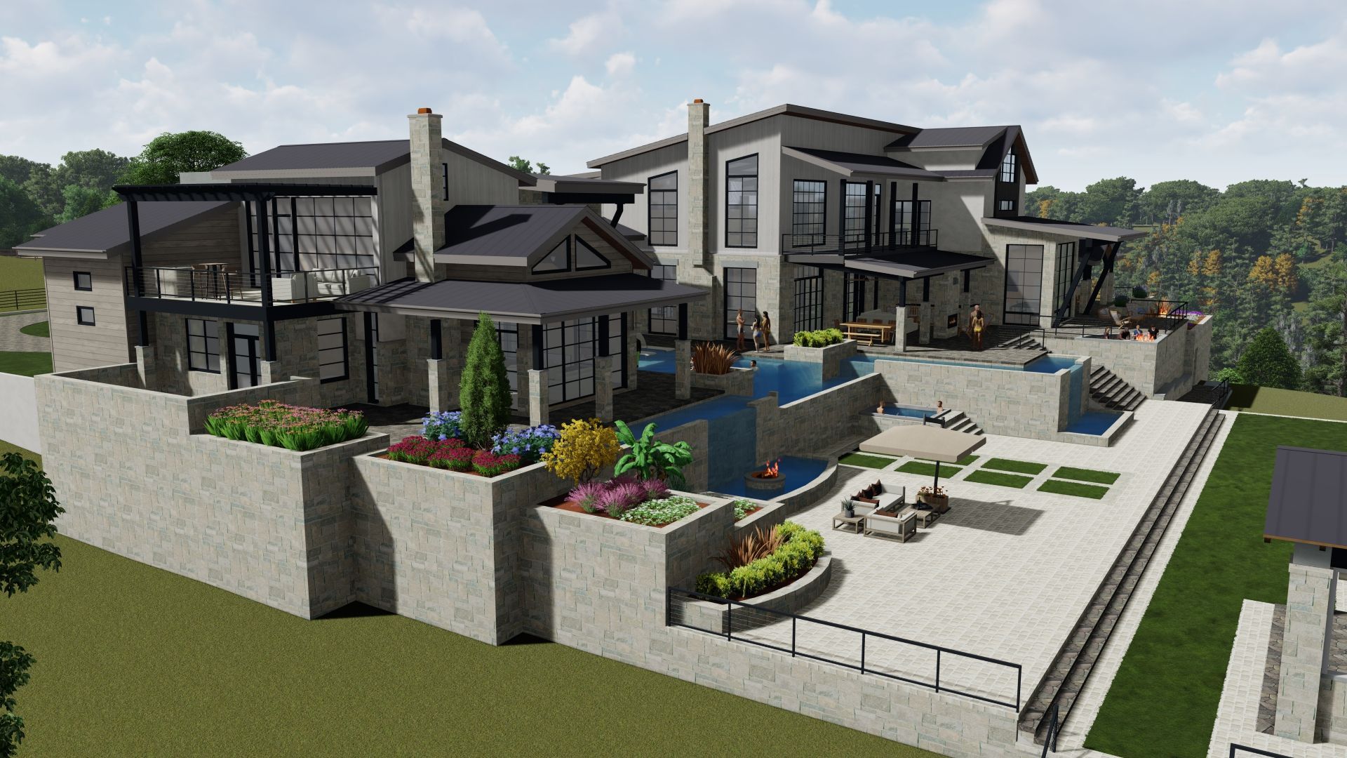 Modern multi-level home with pool, landscaping, and outdoor seating.