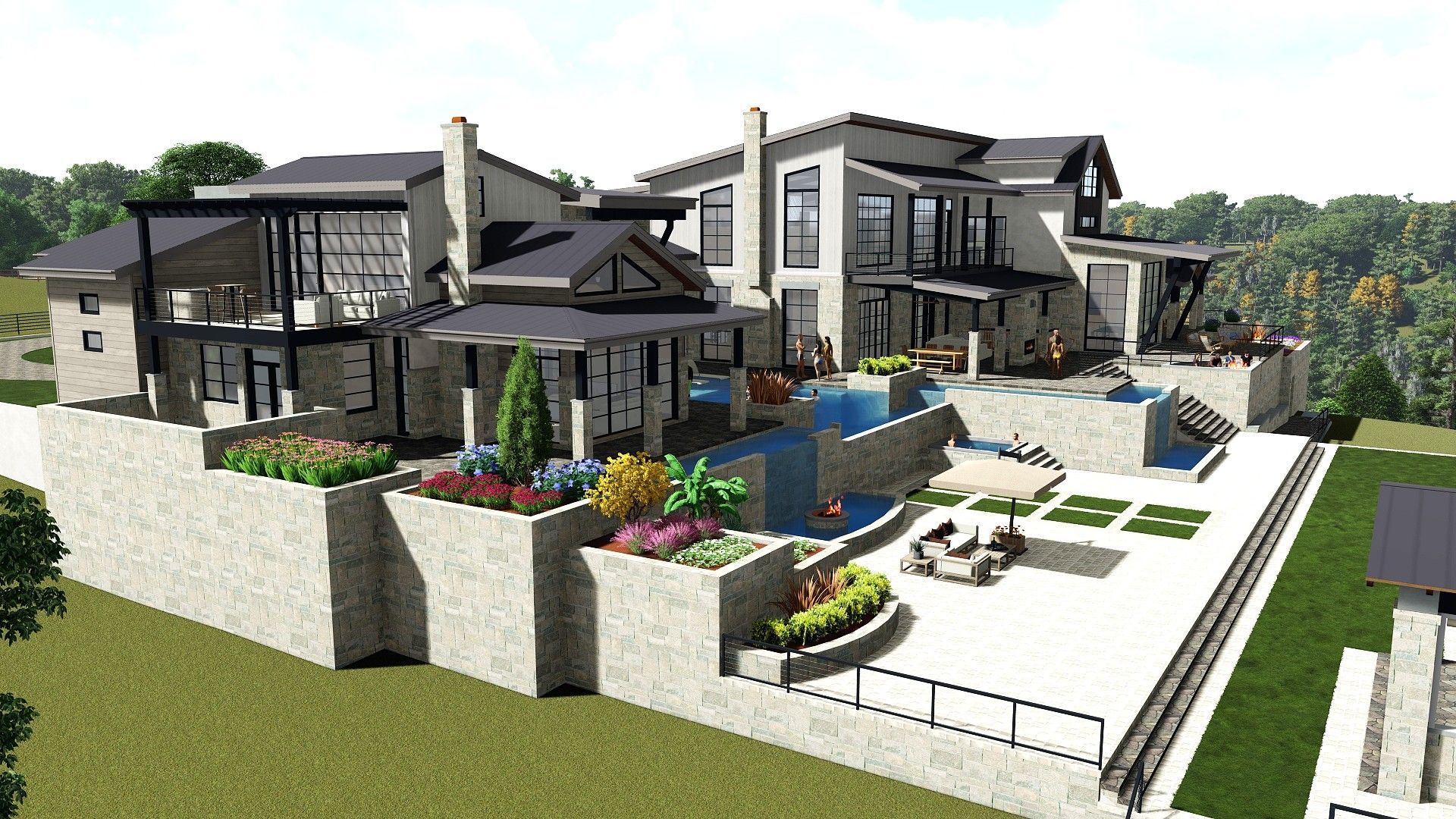 Luxurious modern house on a hill, with a circular driveway and landscaping. Blue sky.