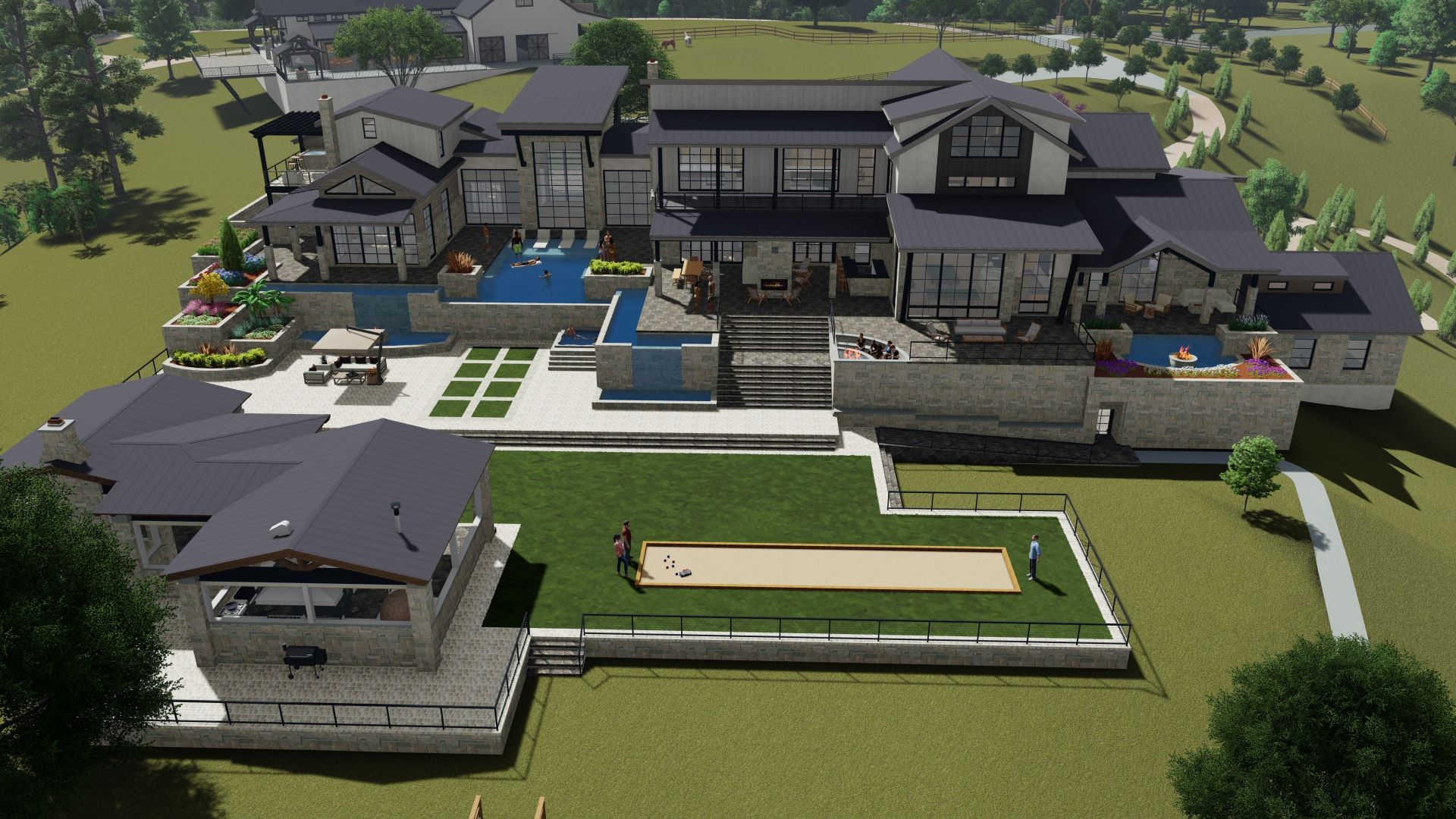 An aerial view of a luxurious, multi-level house with a pool, patio, and bocce ball court.