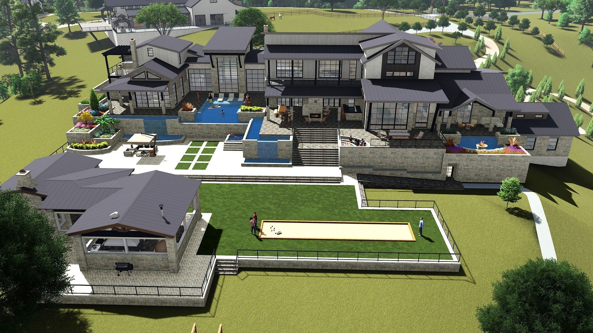 An aerial view of a luxurious, multi-level house with a pool, patio, and bocce ball court.