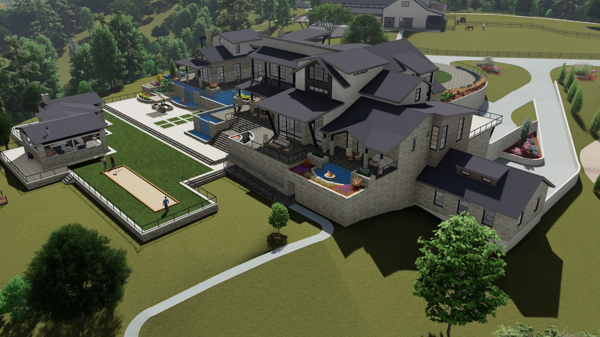 Aerial view of a large modern house with multiple levels, pools, and a separate guesthouse on a grassy hillside.