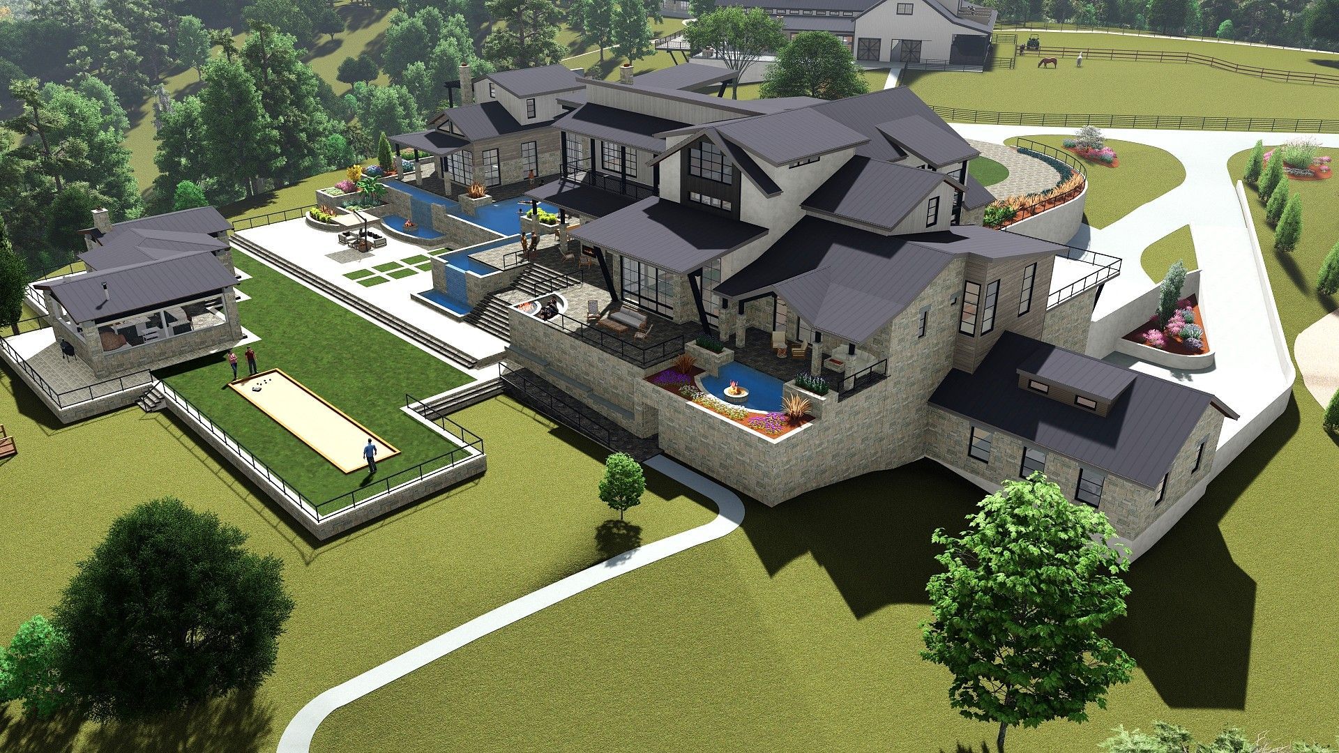 Aerial view of a large modern house with multiple levels, pools, and a separate guesthouse on a grassy hillside.