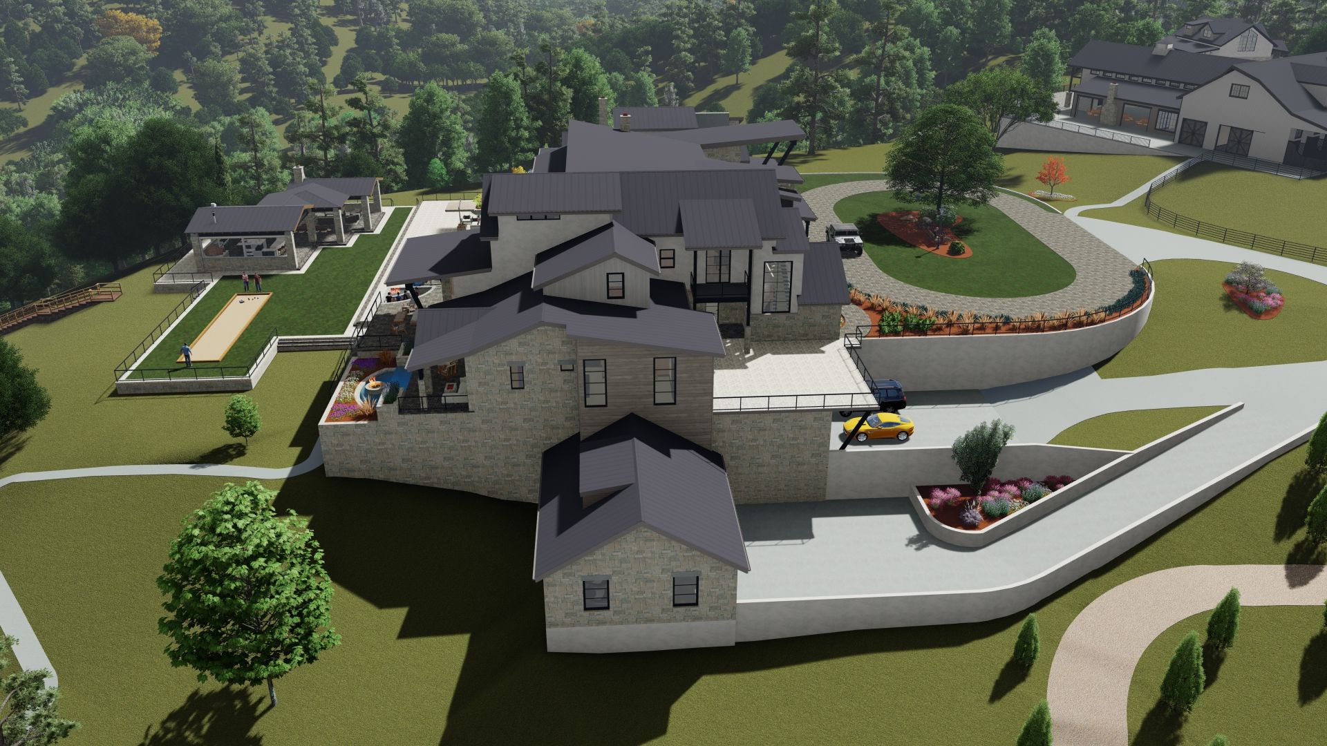 Aerial view of a large stone house on a hill, with a long driveway and surrounding greenery.