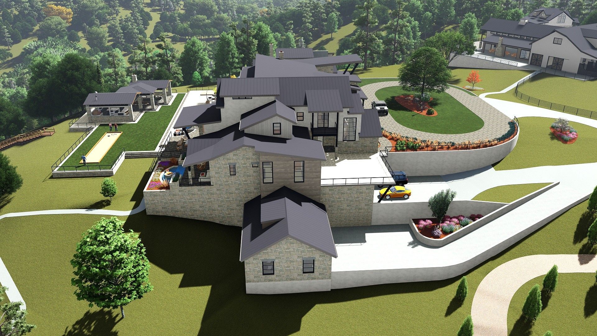 Aerial view of a large stone house on a hill, with a long driveway and surrounding greenery.