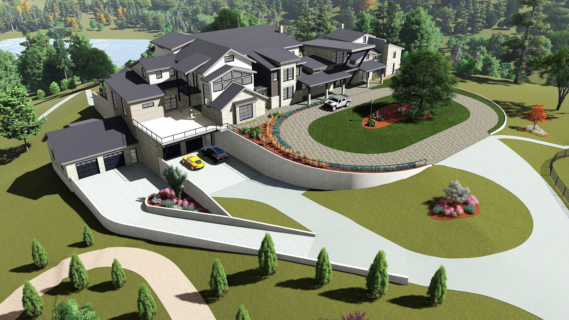 Luxurious house with curved driveway and landscaping.