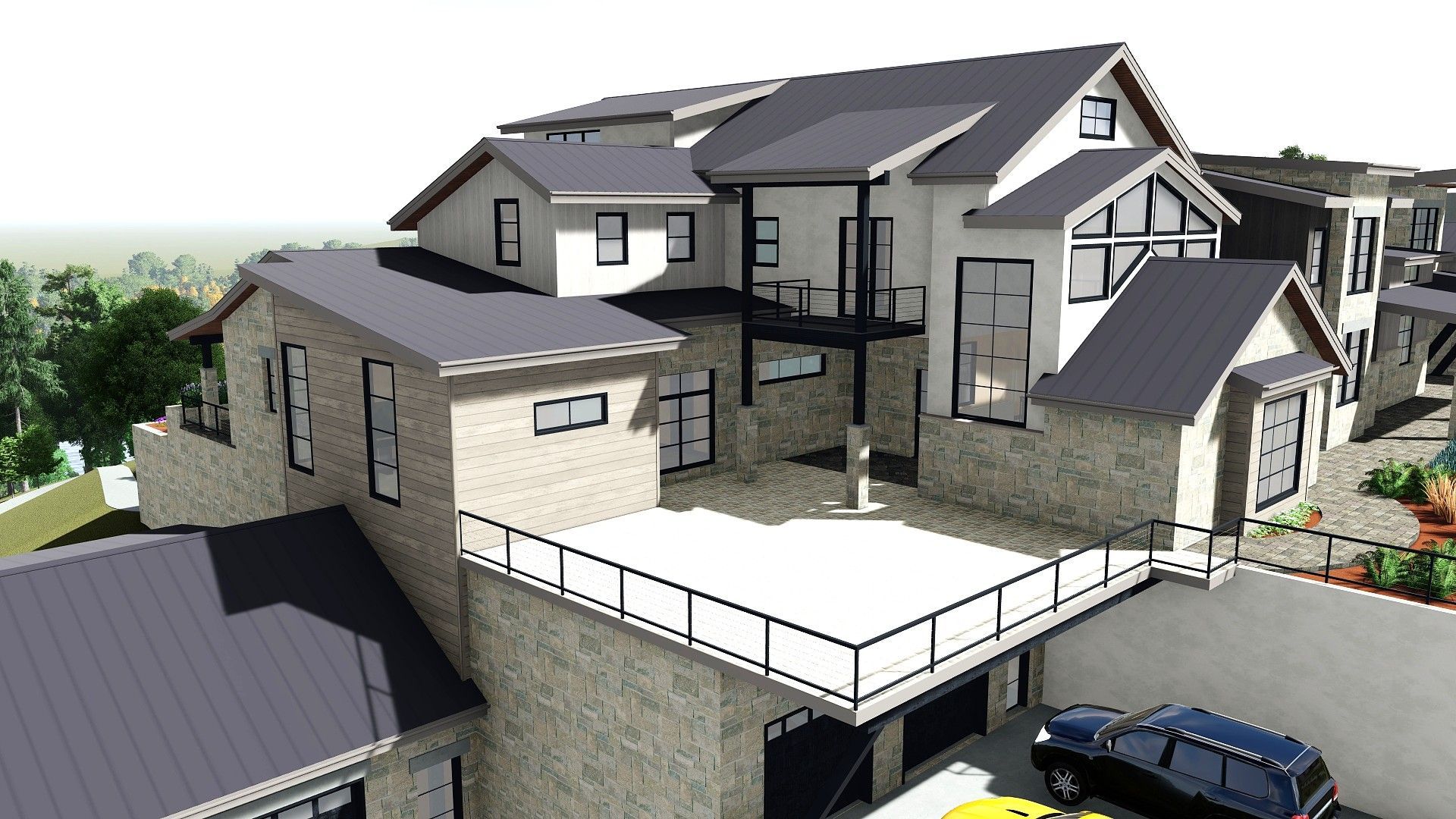 Modern multi-level house with stone and dark gray roof. Patio with black railing, garage, car.