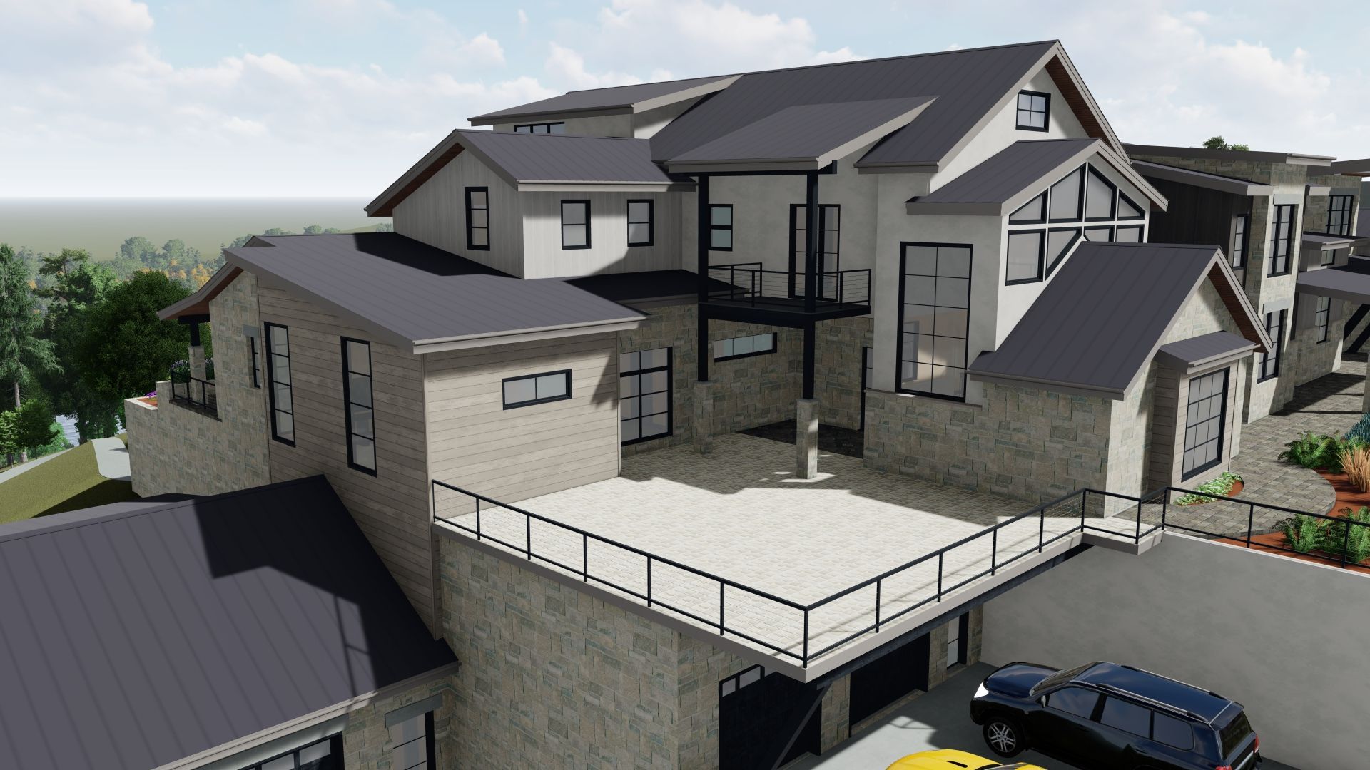 Modern multi-level house with stone and dark gray roof. Patio with black railing, garage, car.