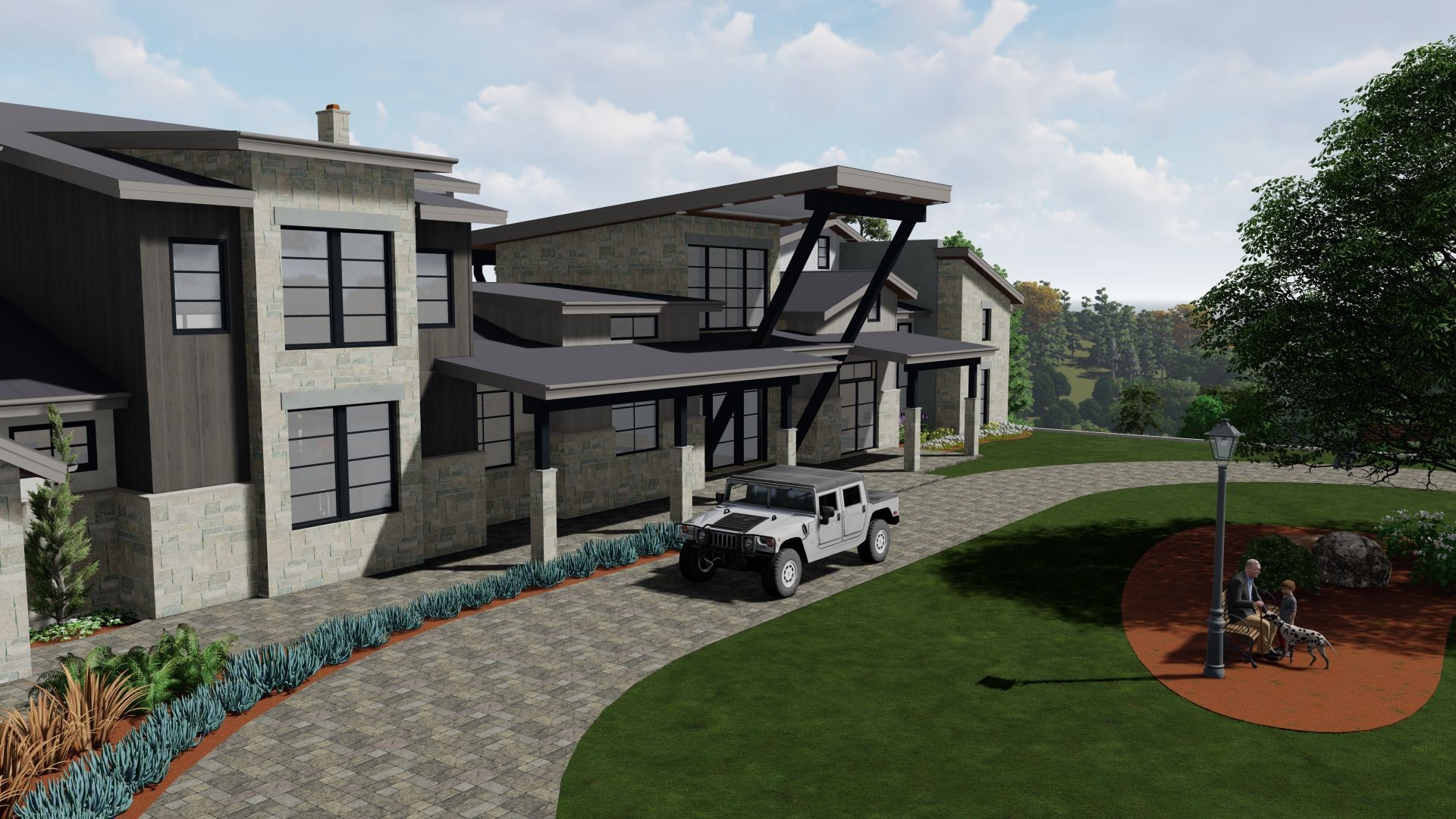 A modern home with a stone facade, a vehicle driving on a paved driveway, and landscaping in the foreground.