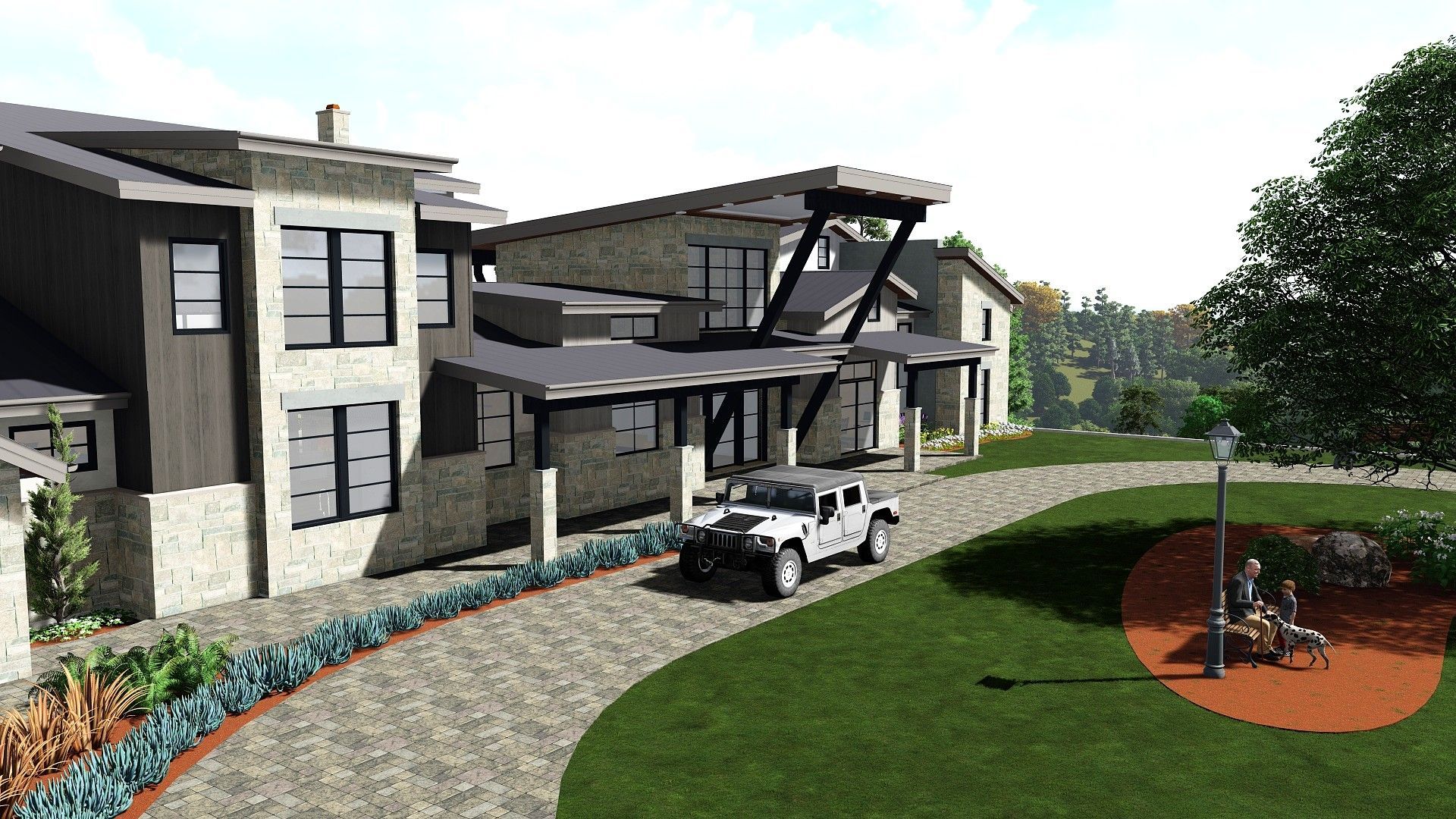 A modern home with a stone facade, a vehicle driving on a paved driveway, and landscaping in the foreground.