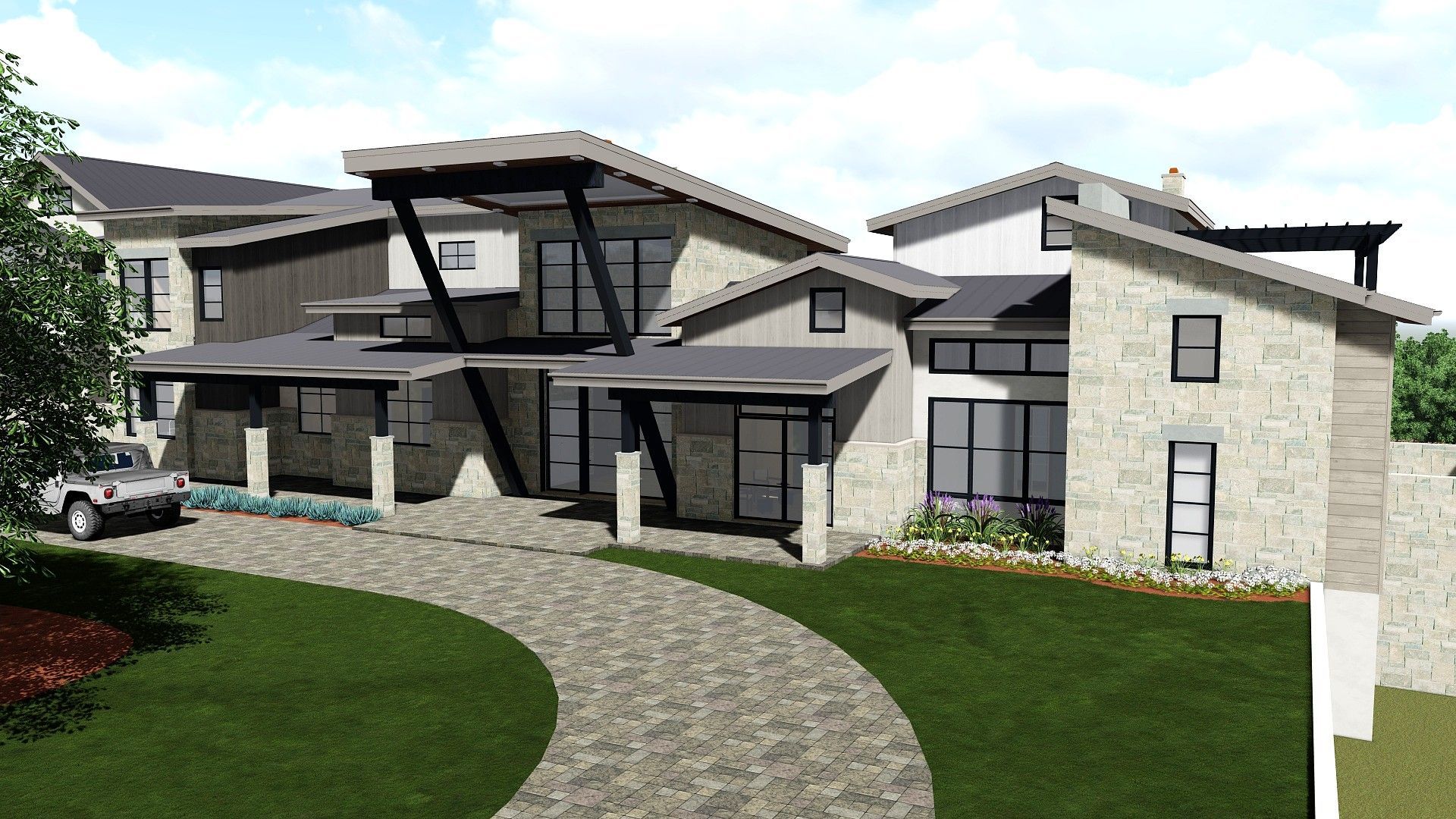 Modern two-story house with stone facade, large windows, and a curved driveway leading to the entrance.