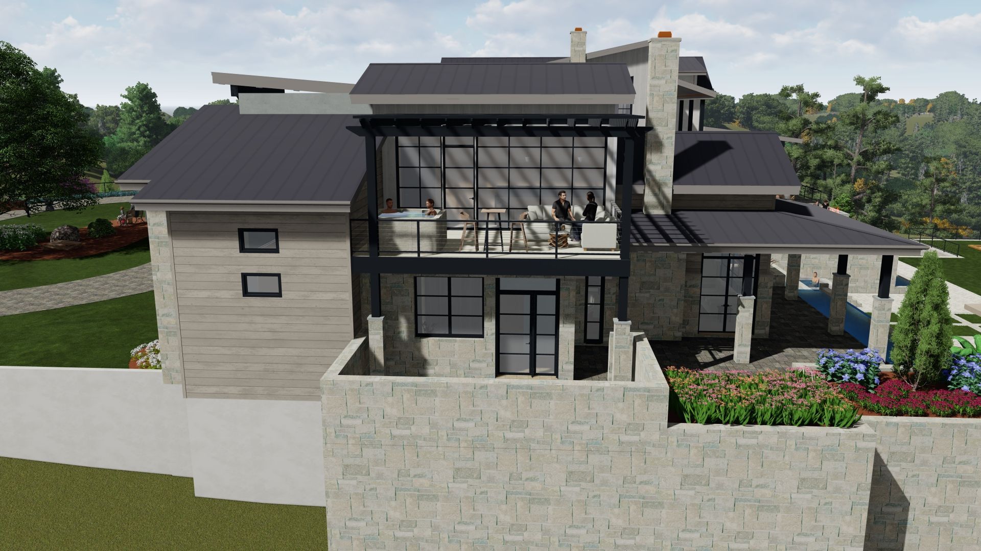 Modern multi-level home with stone facade, dark roof, glass-enclosed balcony, and surrounding landscaping.