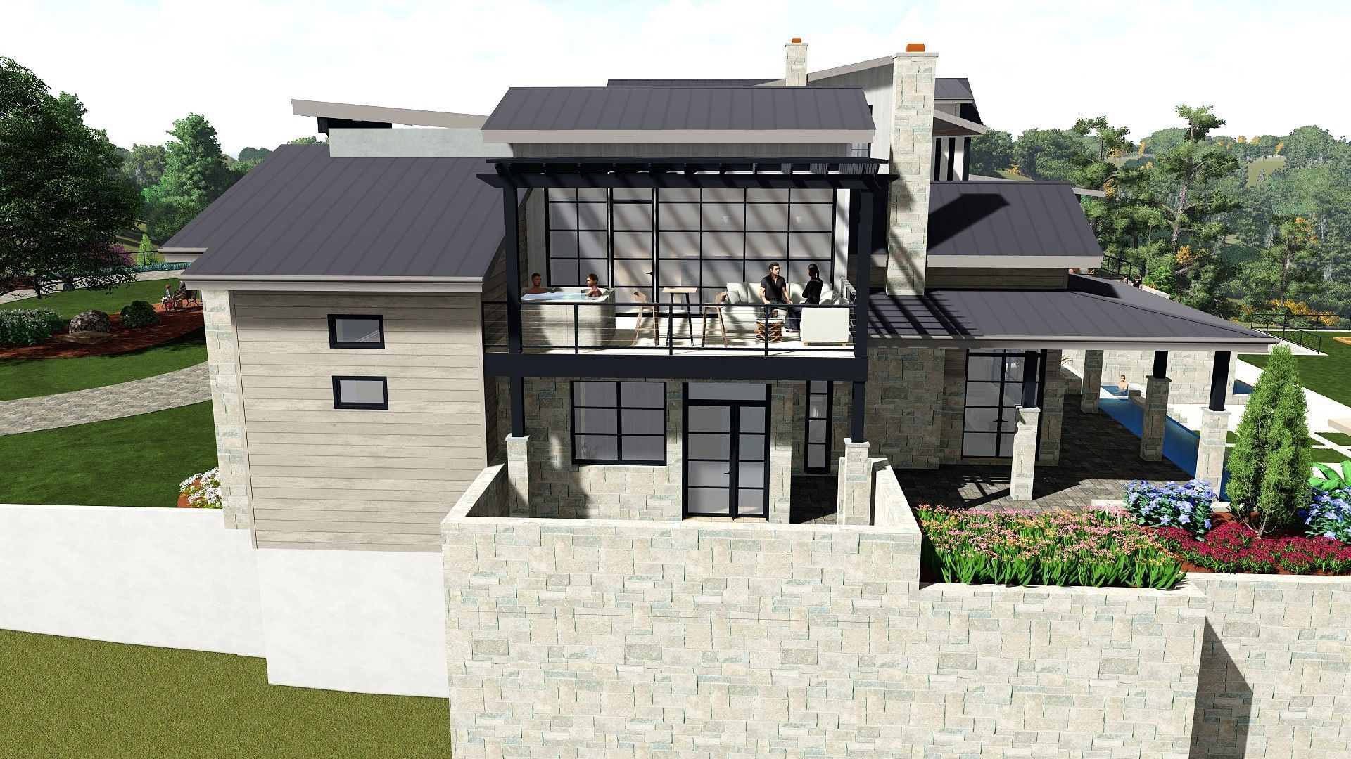 Modern multi-level home with stone facade, dark roof, glass-enclosed balcony, and surrounding landscaping.