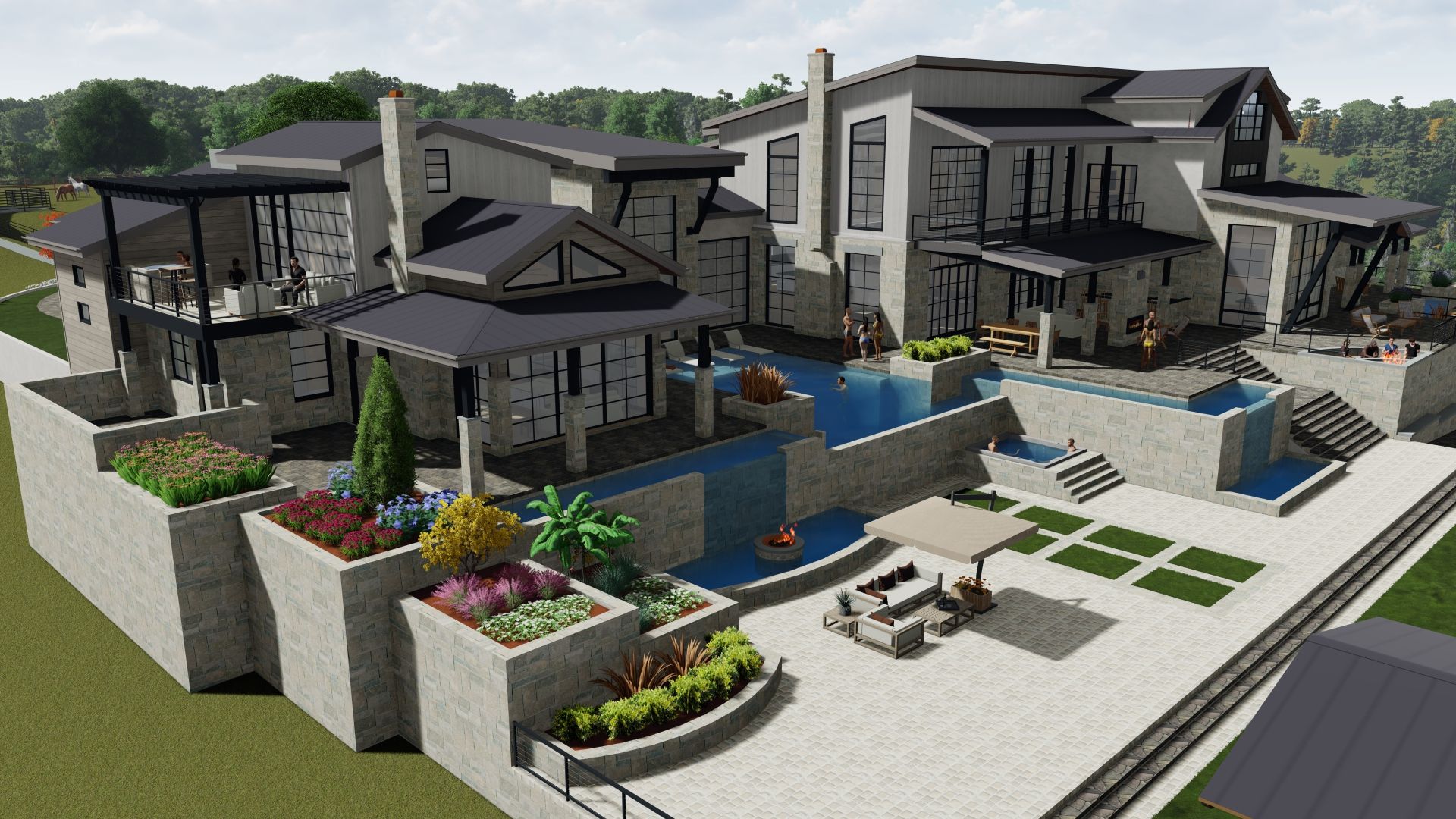 Modern multi-level home with pool and landscaping, featuring gray exterior and dark roofs.