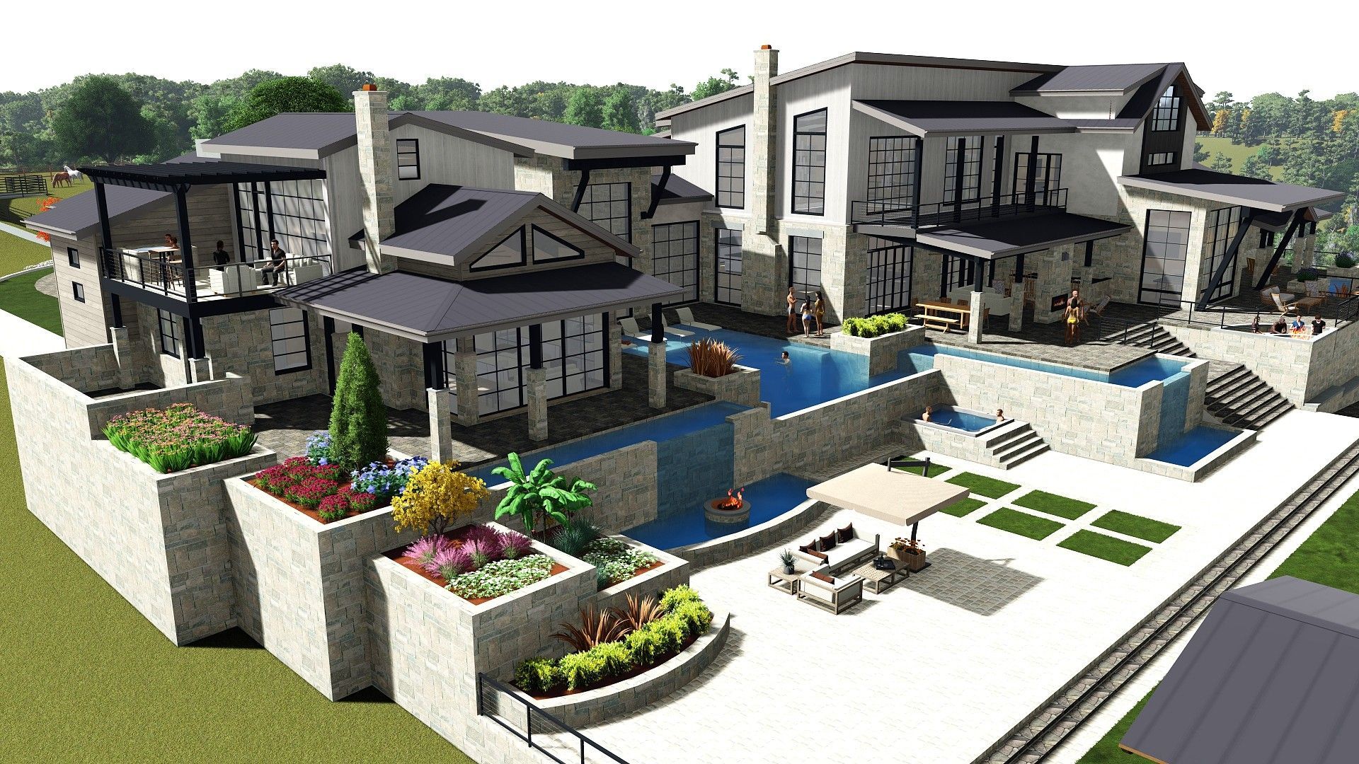 Modern multi-level home with pool and landscaping, featuring gray exterior and dark roofs.