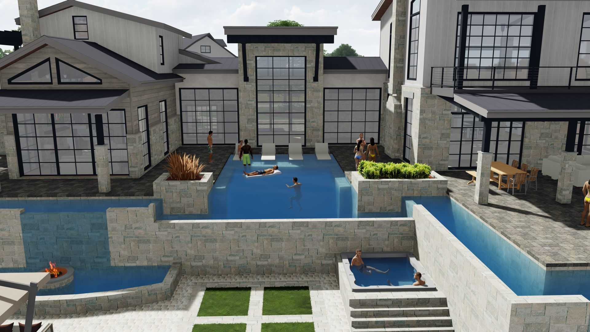 Luxury home with swimming pools, people swimming. Exterior view with stone walls, large windows.