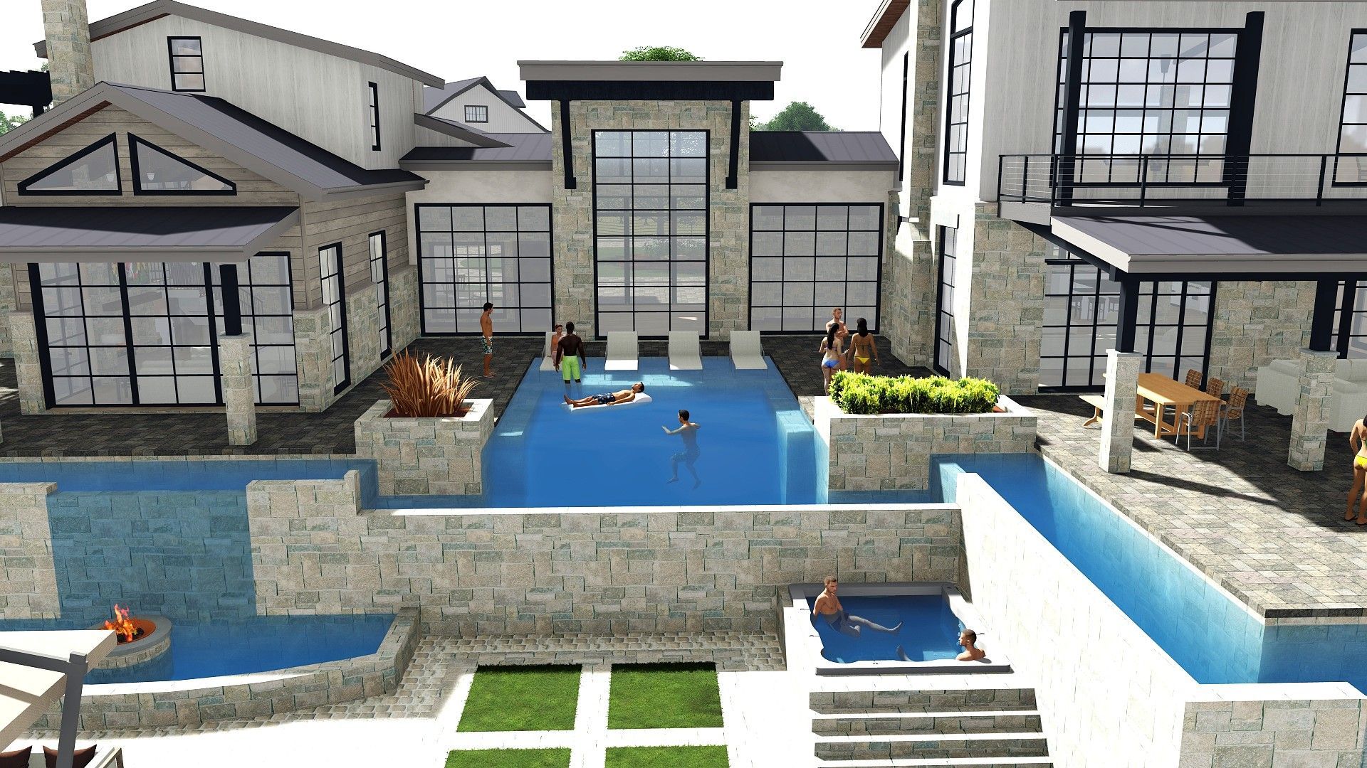 Luxury home with swimming pools, people swimming. Exterior view with stone walls, large windows.