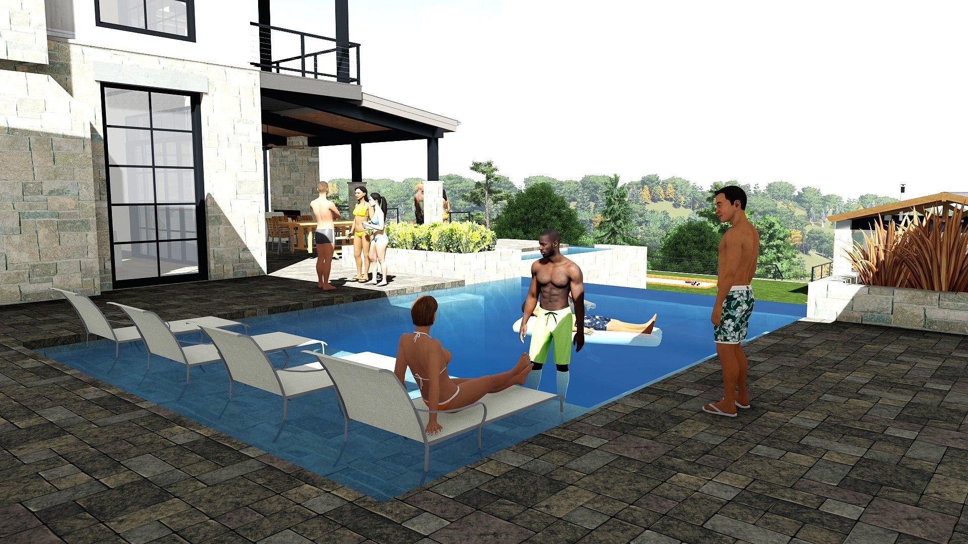 People at a pool party: group around pool and lounging on chairs near a modern house on a sunny day.
