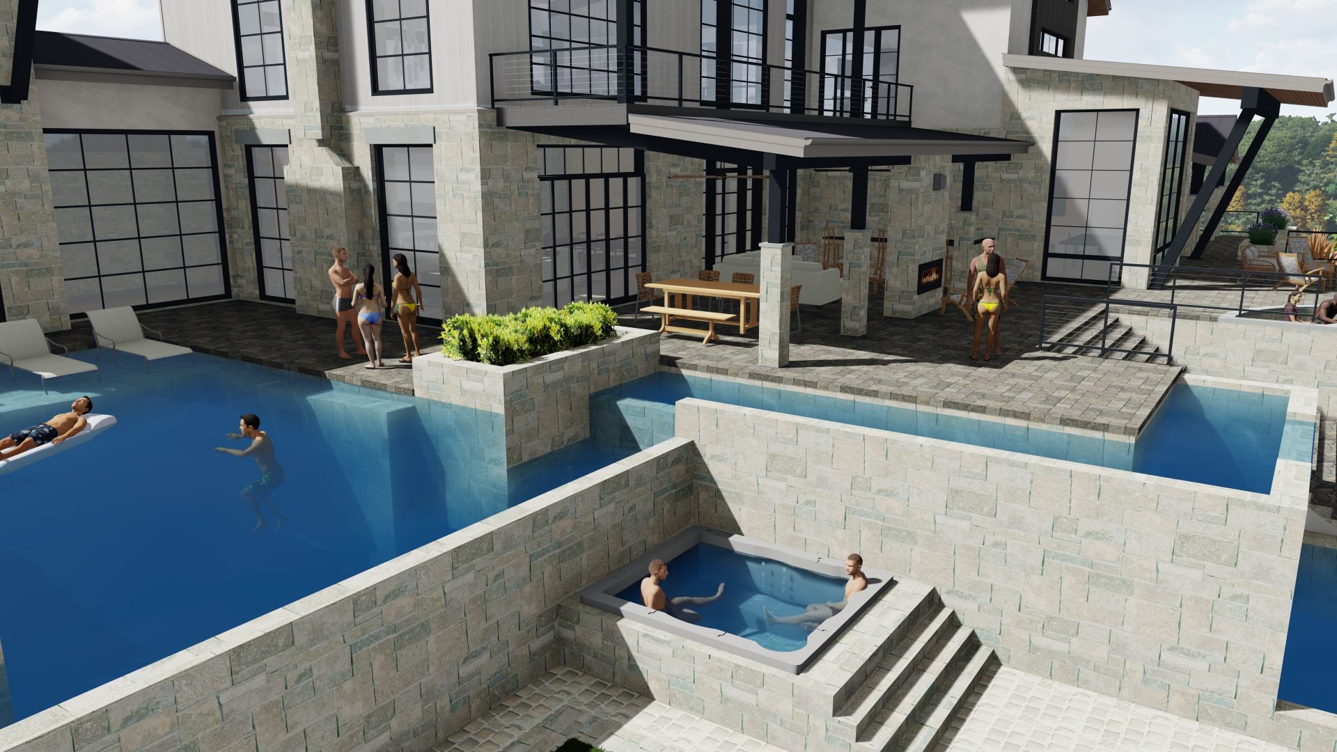 Luxury home exterior with pools, patio, and people swimming and sunbathing.