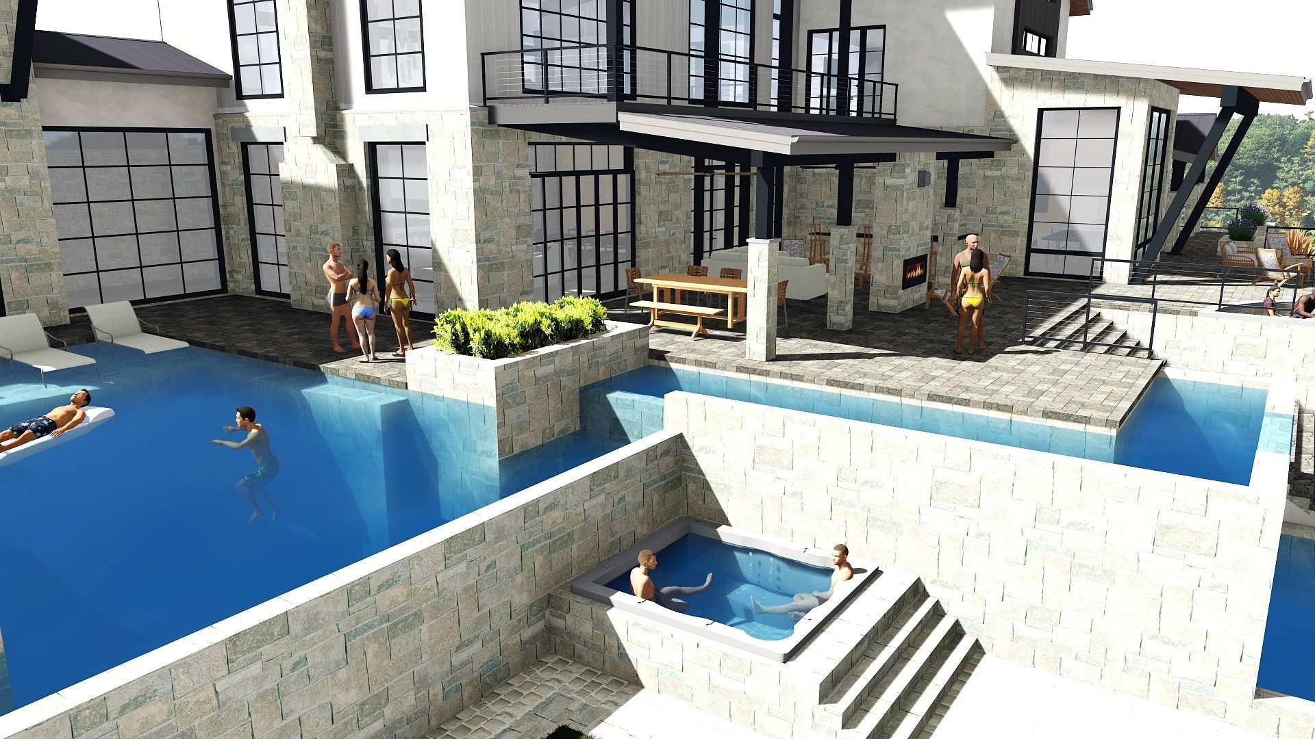 Luxury home exterior with pools, patio, and people swimming and sunbathing.