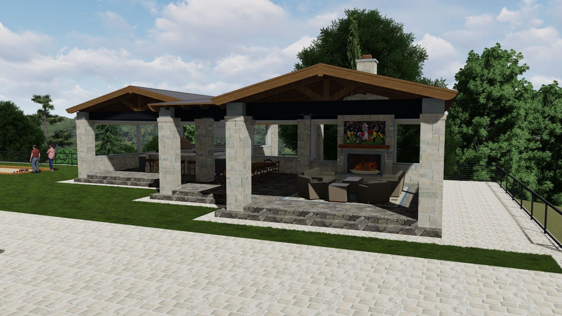 Outdoor kitchen with stone columns, fireplace, and seating area under a brown roof.