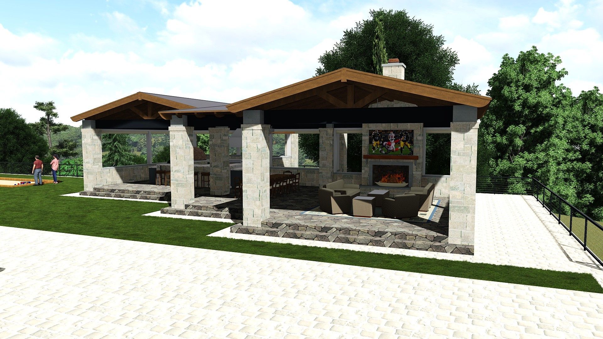 Outdoor kitchen with stone columns, fireplace, and seating area under a brown roof.