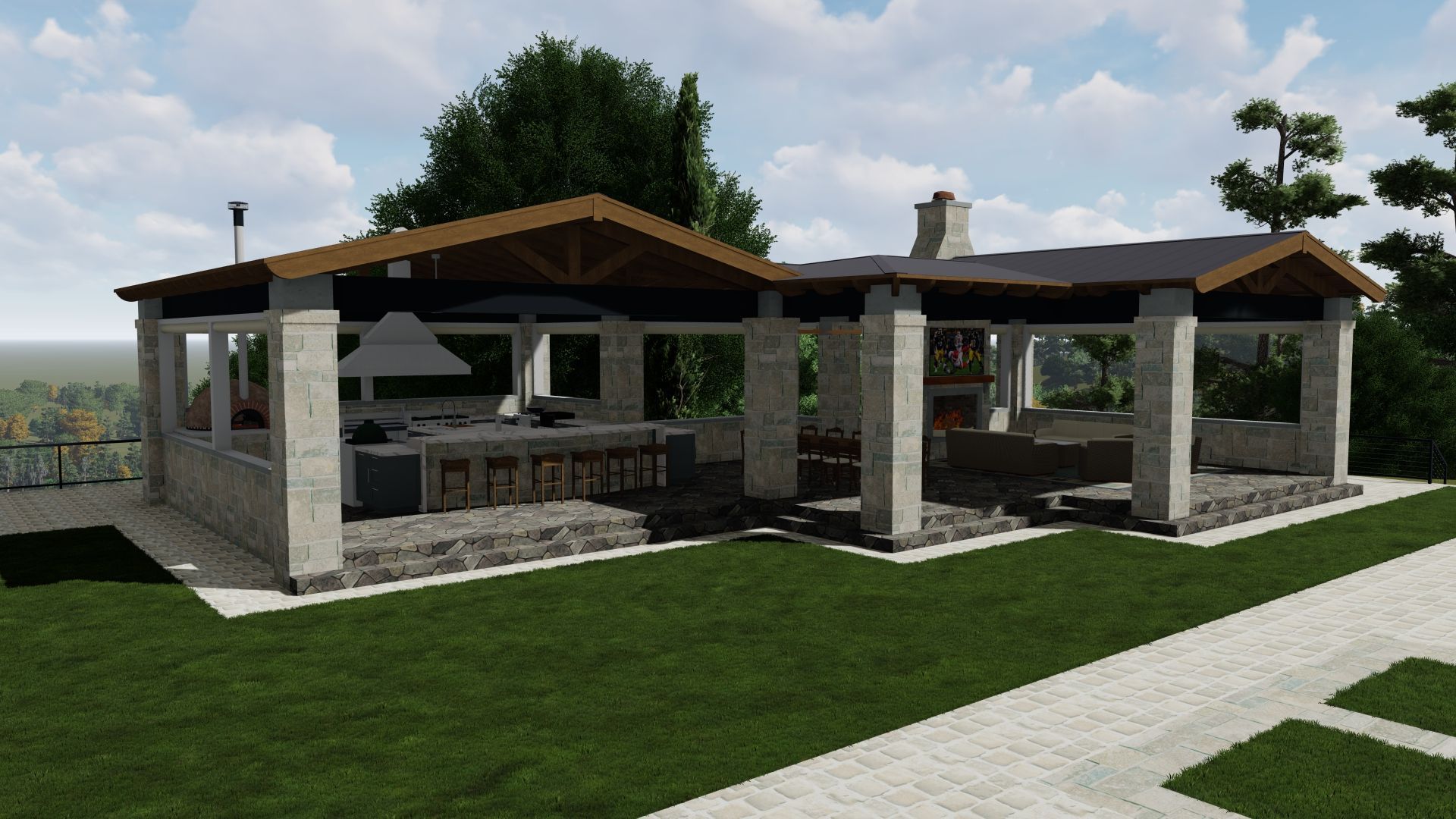 Outdoor kitchen with stone pillars, wood roof, and appliances, set on a green lawn.