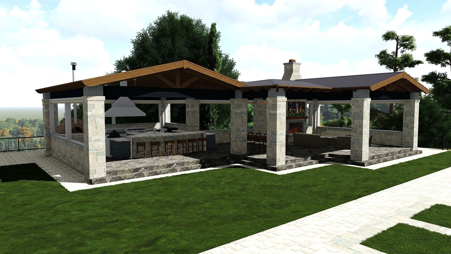 Outdoor kitchen with stone pillars, wood roof, and appliances, set on a green lawn.