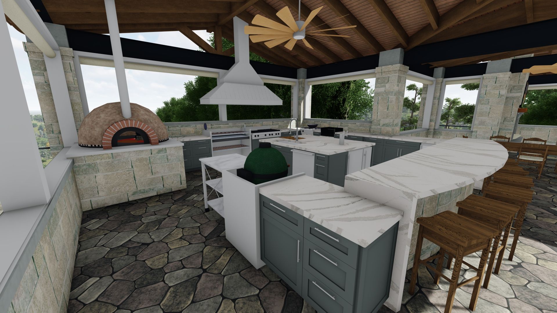 Outdoor kitchen with pizza oven, cooktop, island seating, and stone flooring.