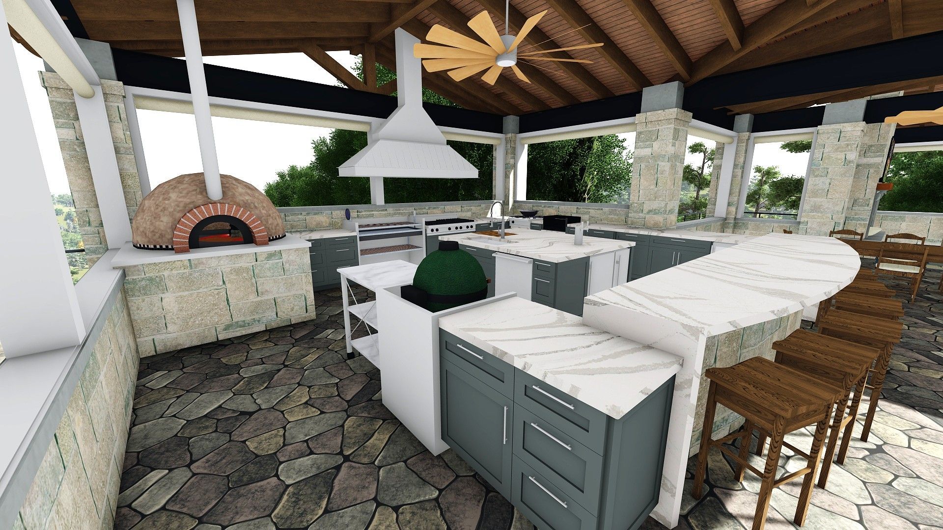 Outdoor kitchen with pizza oven, cooktop, island seating, and stone flooring.
