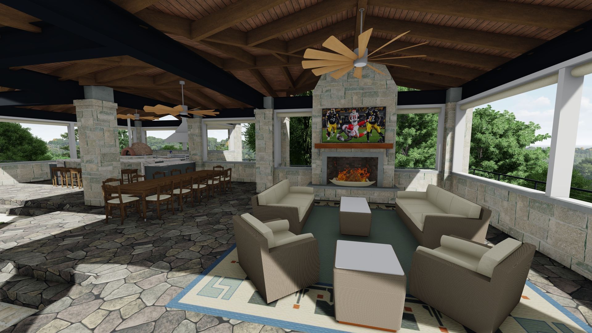 Covered outdoor living space with stone fireplace, sofas, and dining area.