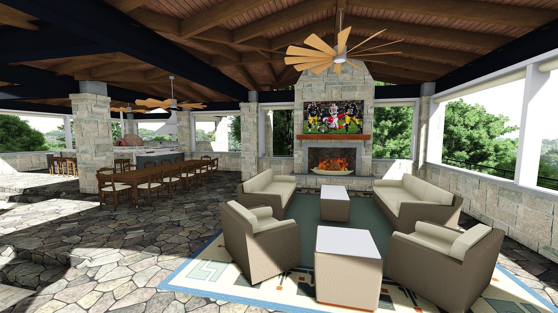 Covered outdoor living space with stone fireplace, sofas, and dining area.