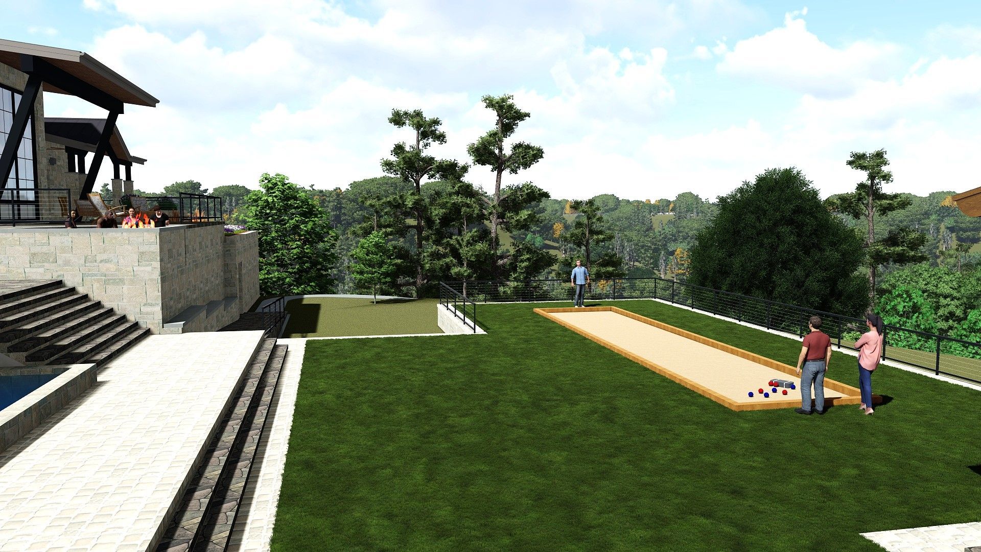 A backyard with a bocce ball court and a house. Two people play bocce, two others stand nearby. Green lawn, trees.