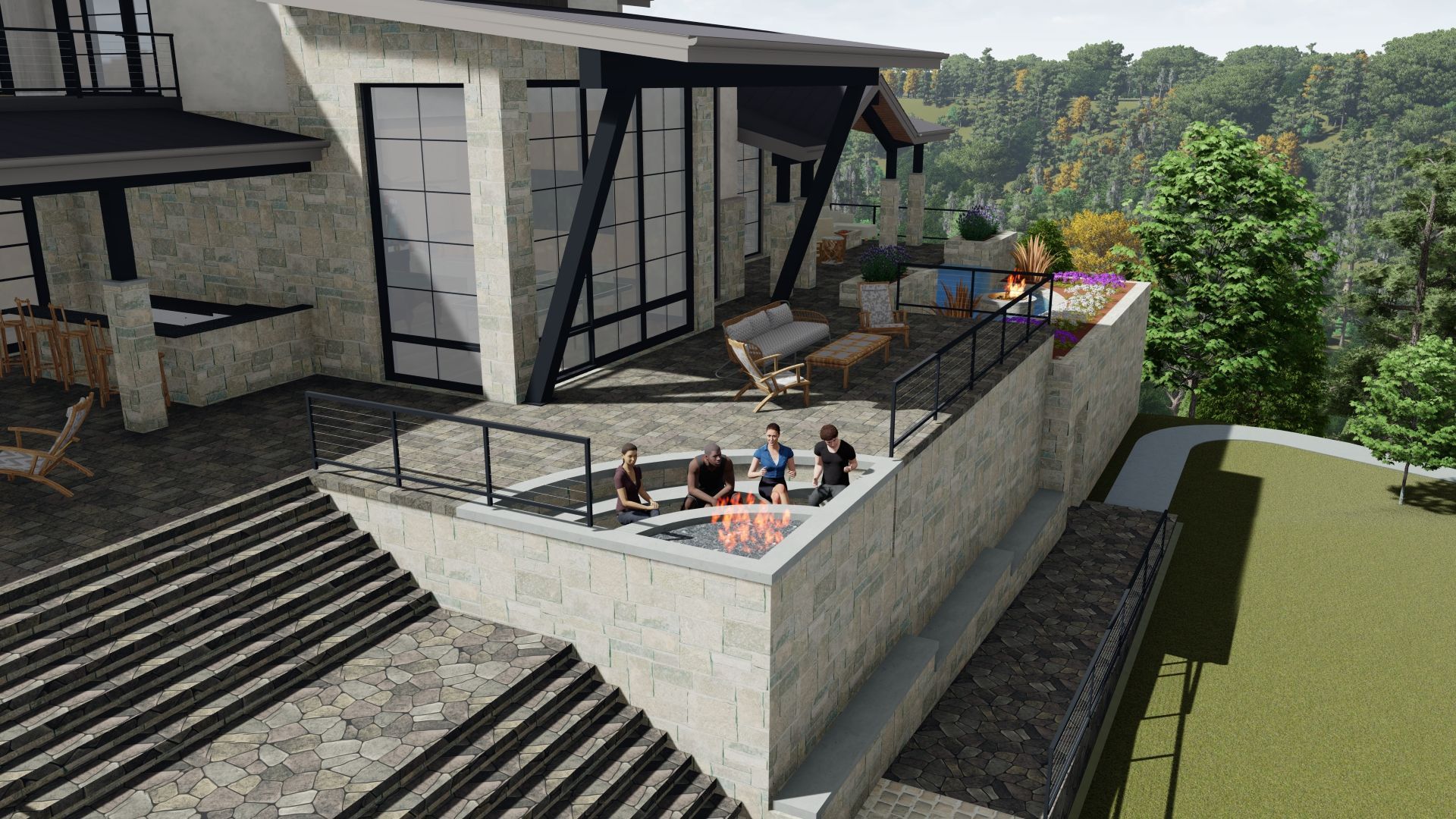 People in a hot tub on a concrete patio next to a modern home. Trees and a view in the background.