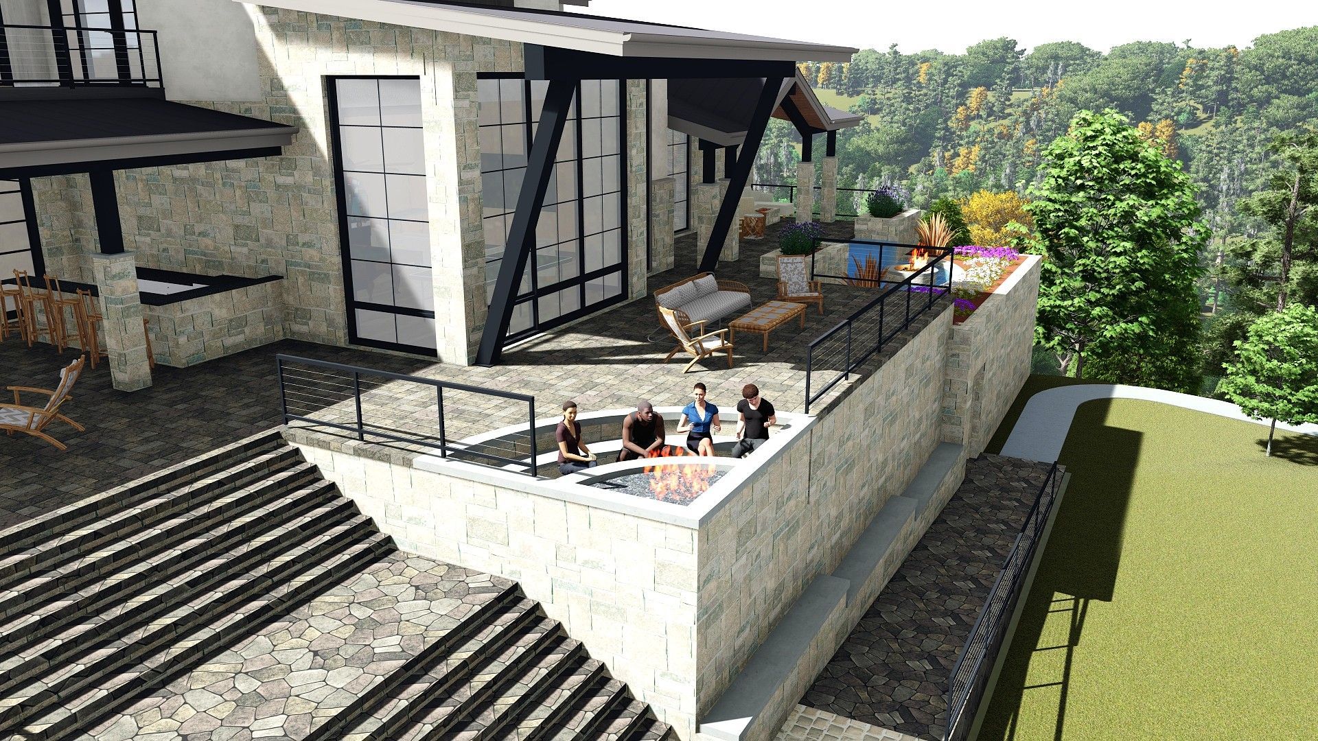 People in a hot tub on a concrete patio next to a modern home. Trees and a view in the background.