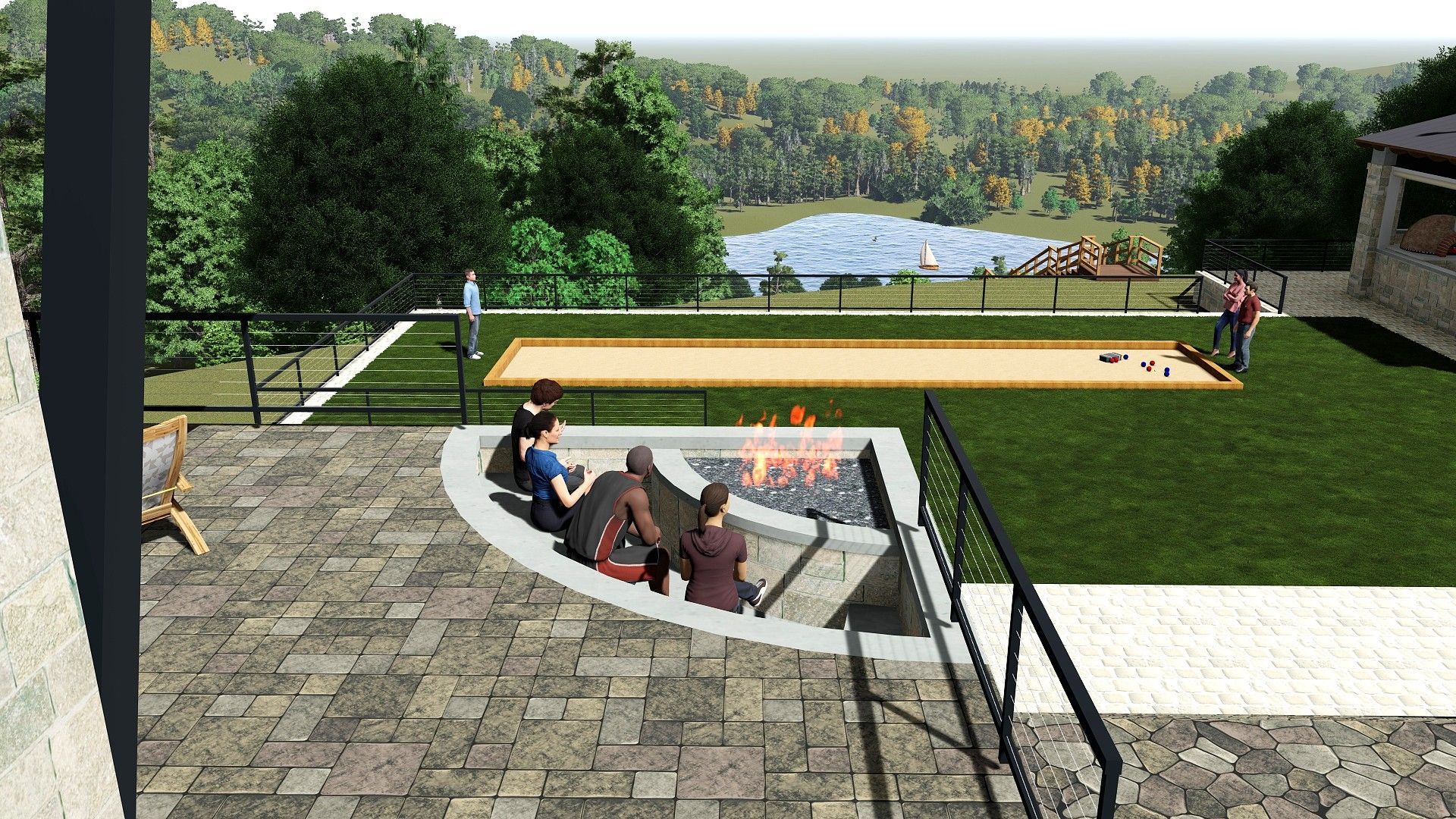 Outdoor patio with a fire pit, bocce ball court, and people enjoying the setting.