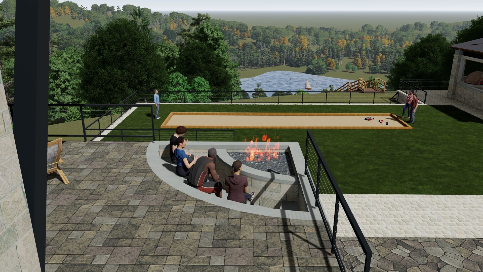 Outdoor patio with a fire pit, bocce ball court, and people enjoying the setting.
