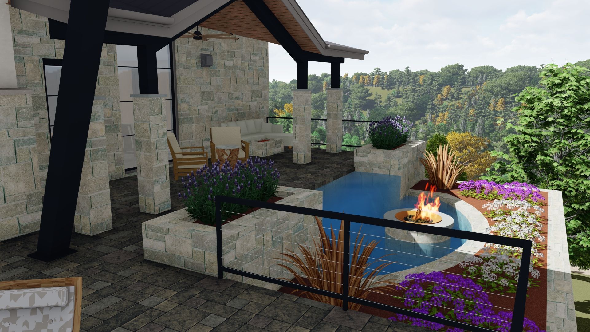 Patio with stone walls, blue pool, and landscaping overlooking a green valley.