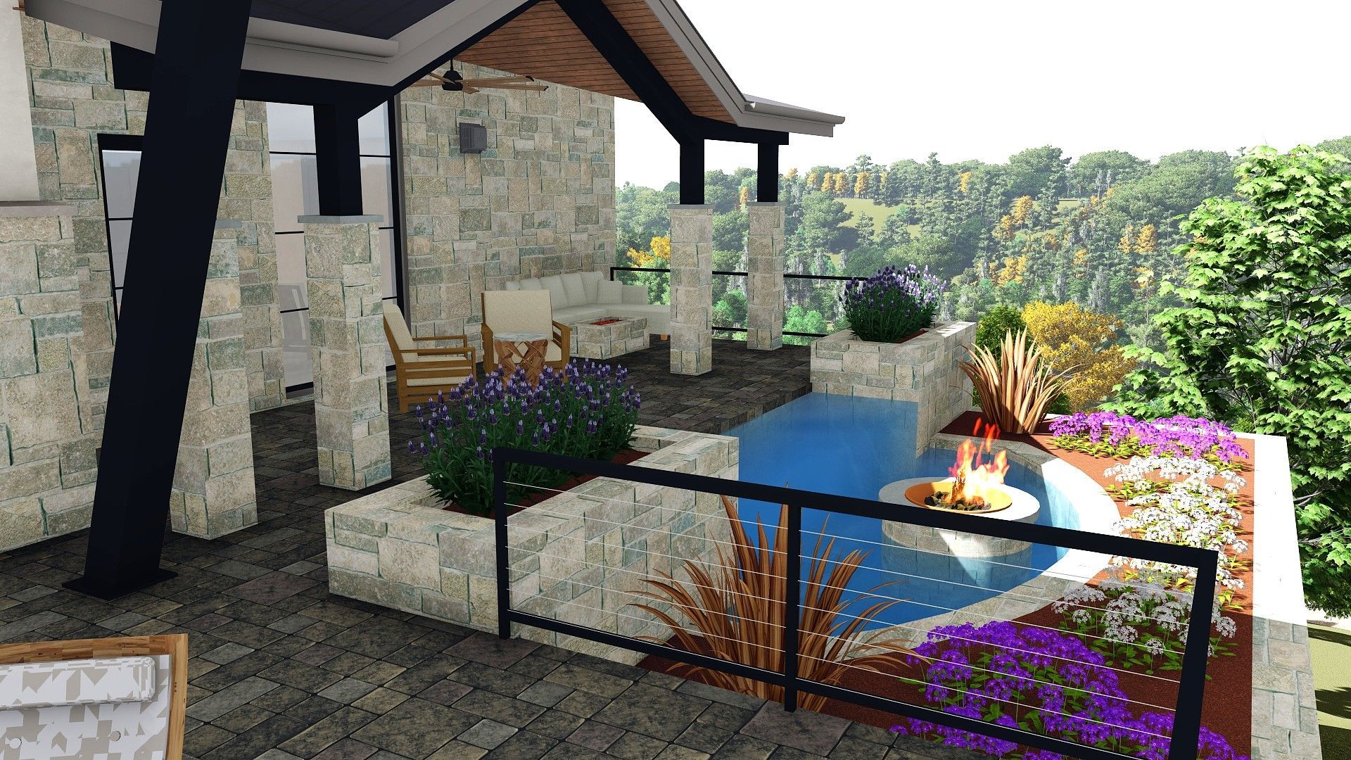 Patio with stone walls, blue pool, and landscaping overlooking a green valley.